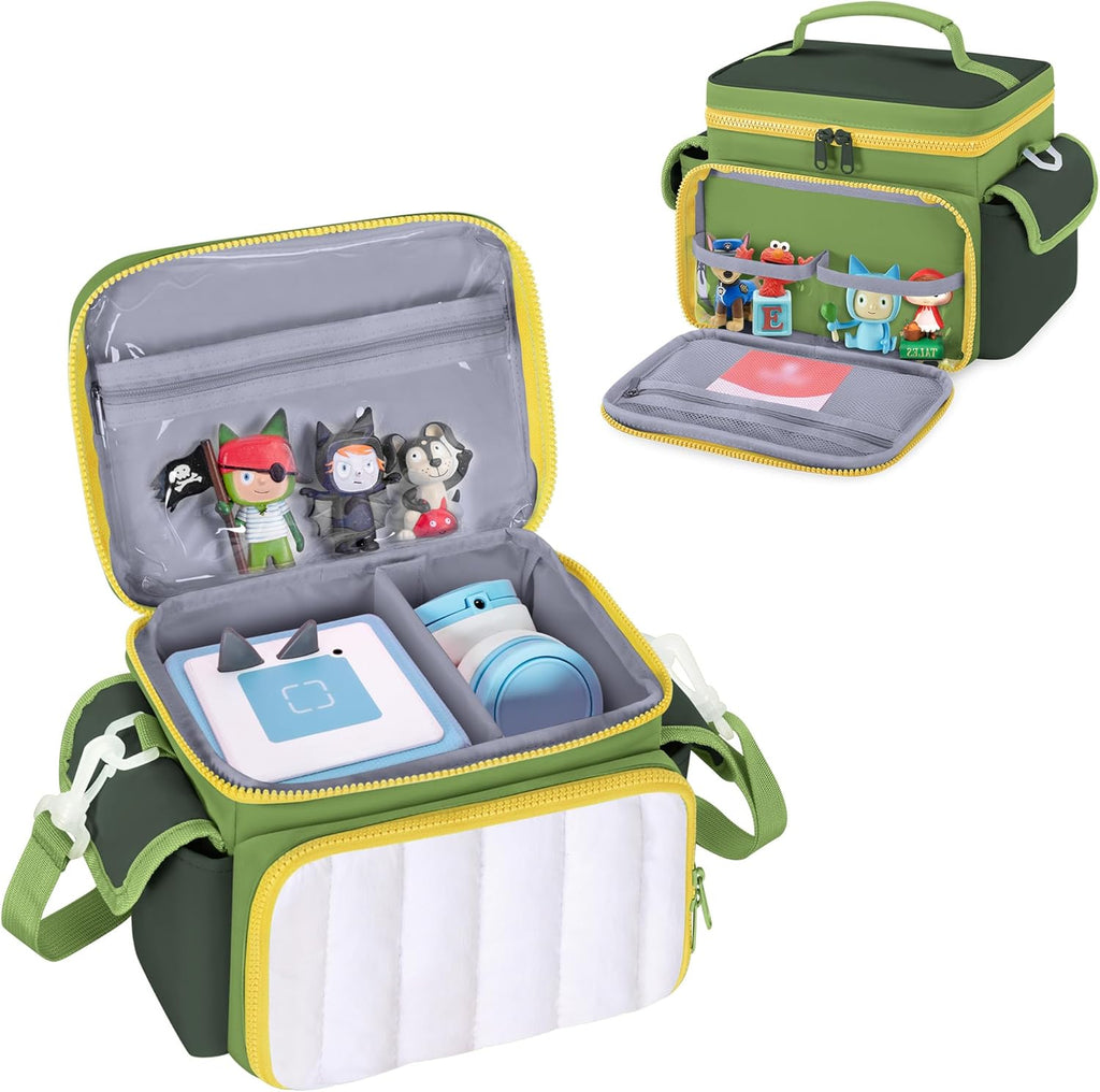 Travel Carrying Case Compatible with Toniebox, Lightweight Puffy Portable Storage Bag with Detachable Divider and Shoulder Strap for Audio Player Starter Set, Green(Bag only, Patent Design)