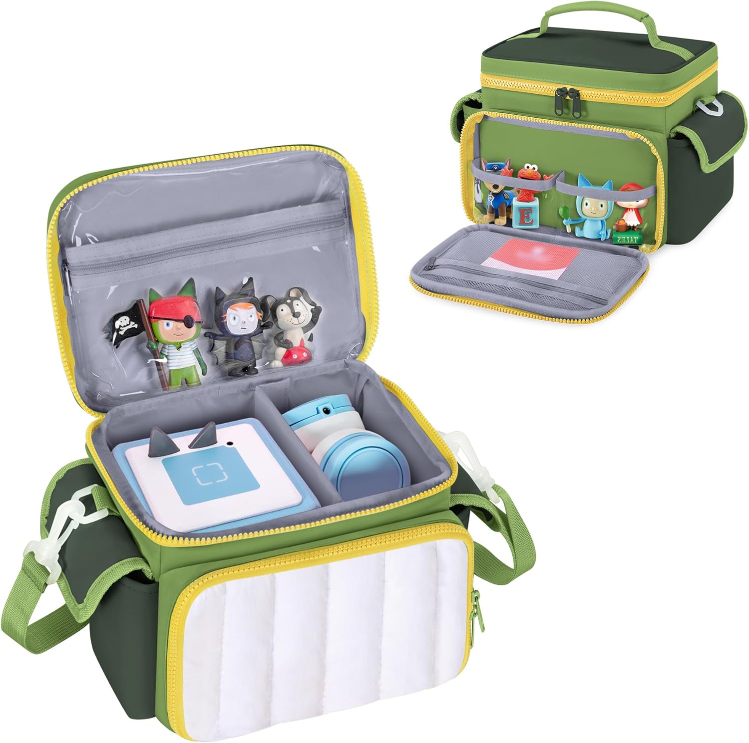 Travel Carrying Case Compatible with Toniebox, Lightweight Puffy Portable Storage Bag with Detachable Divider and Shoulder Strap for Audio Player Starter Set, Green(Bag only, Patent Design)