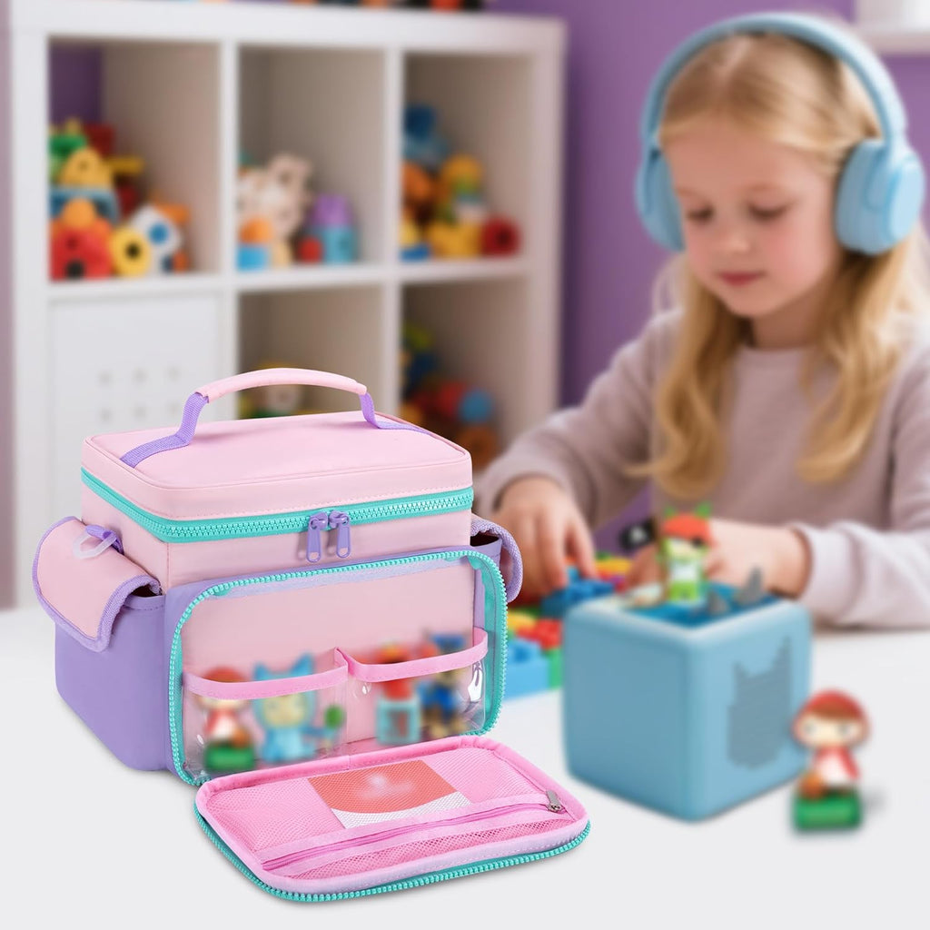 Travel Carrying Case Compatible with Toniebox, Lightweight Puffy Portable Storage Bag with Detachable Divider and Shoulder Strap for Audio Player Starter Set, Pink(Bag only, Patent Design)