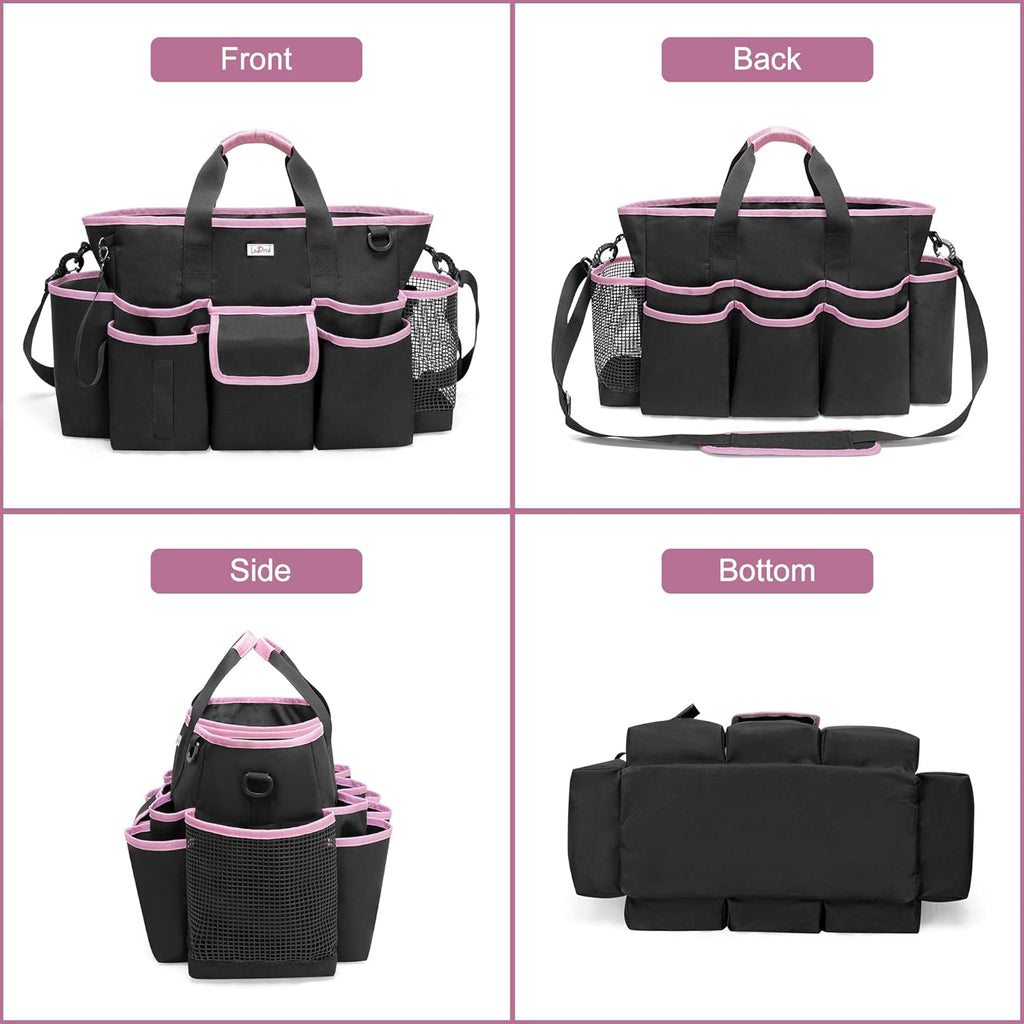 Cleaning Caddy Bag with Handle and Shoulder Strap, Cleaning Supplies Organizer for Cleaning Work with 3 Compartments and Multifunctional Pockets, Black with Pink Edge