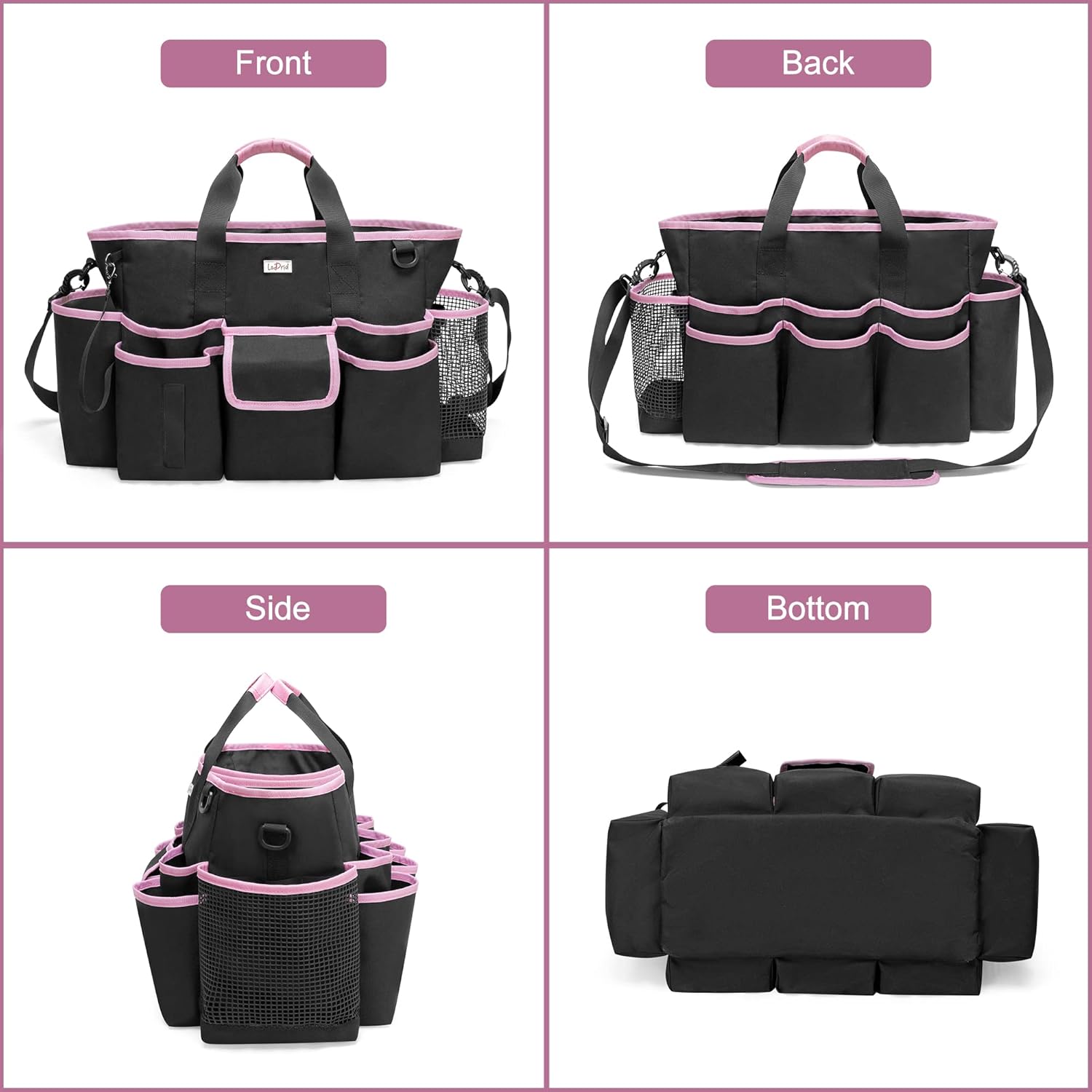 Cleaning Caddy Bag with Handle and Shoulder Strap, Cleaning Supplies Organizer for Cleaning Work with 3 Compartments and Multifunctional Pockets, Black with Pink Edge