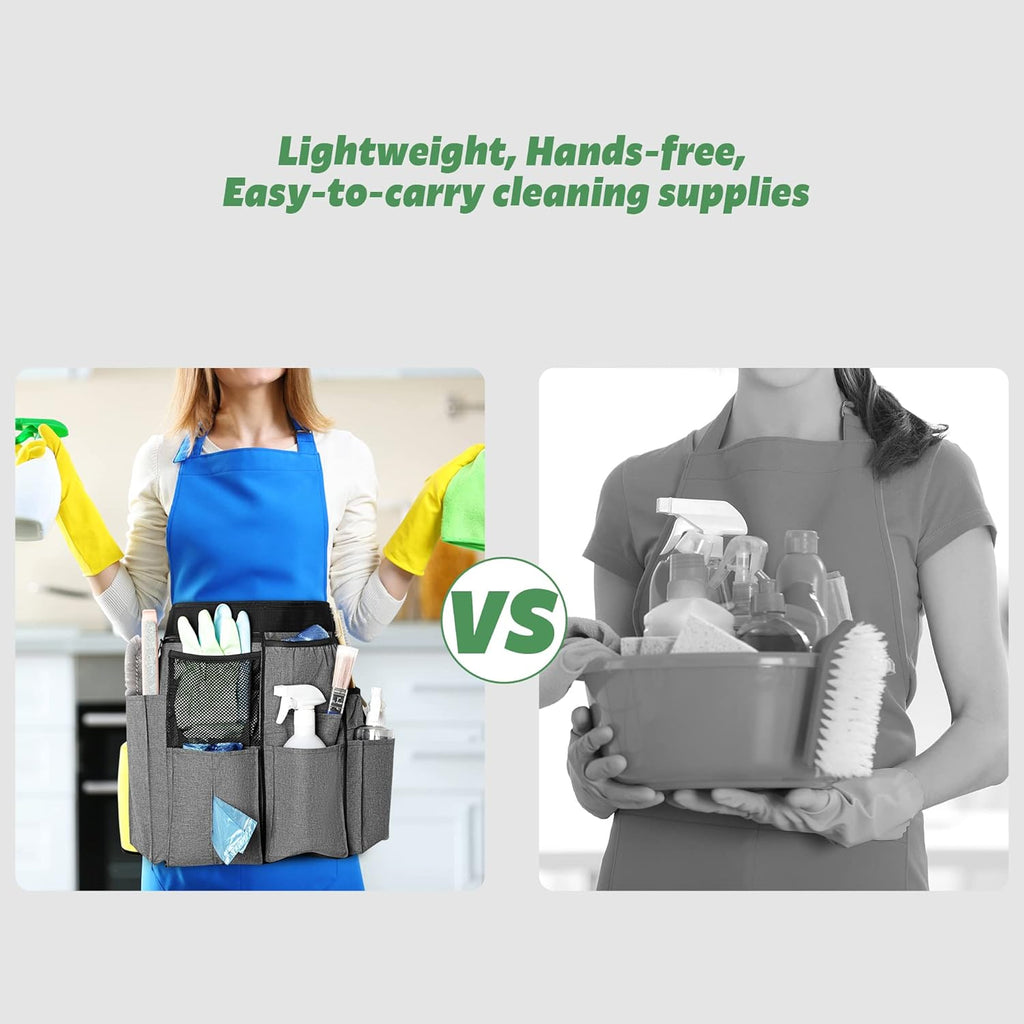 Cleaning Apron for Housekeeping with 9 Pockets, Cleaning Bag with Adjustable Waist Belt, Professional Cleaning Supplies Apron for Work, Gray