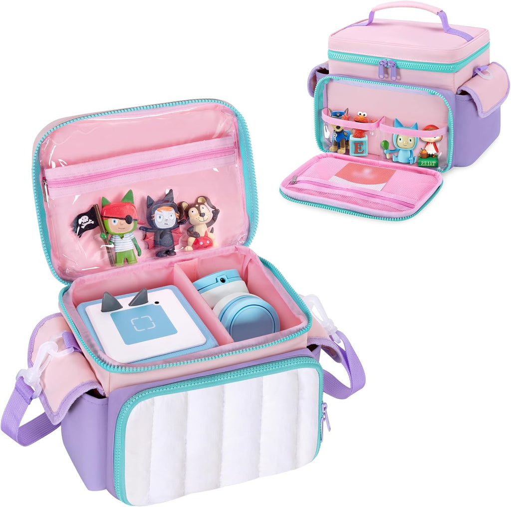 Travel Carrying Case Compatible with Toniebox, Lightweight Puffy Portable Storage Bag with Detachable Divider and Shoulder Strap for Audio Player Starter Set, Pink(Bag only, Patent Design)