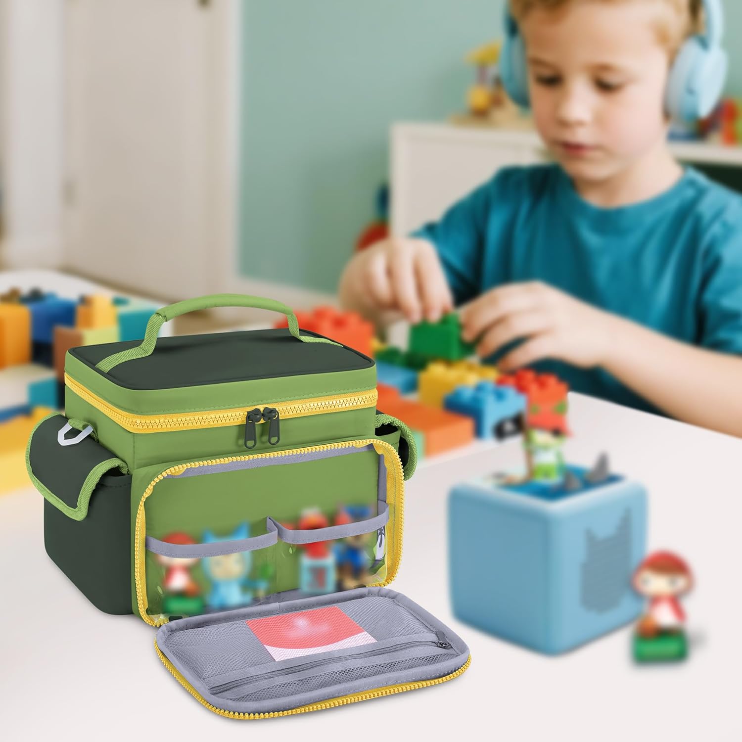 Travel Carrying Case Compatible with Toniebox, Lightweight Puffy Portable Storage Bag with Detachable Divider and Shoulder Strap for Audio Player Starter Set, Green(Bag only, Patent Design)