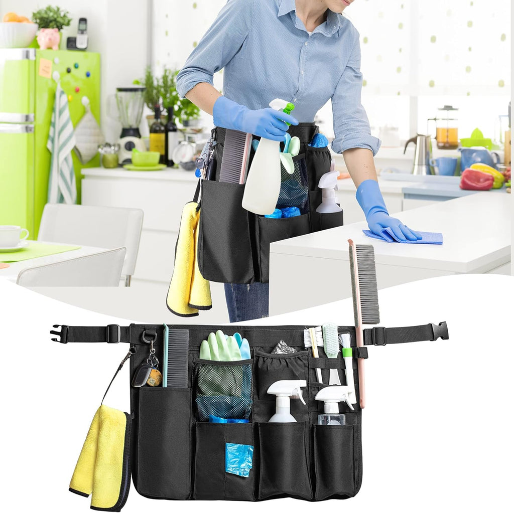 Cleaning Apron for Housekeeping with 9 Pockets, Cleaning Bag with Adjustable Waist Belt, Professional Cleaning Supplies Apron for Work, Black
