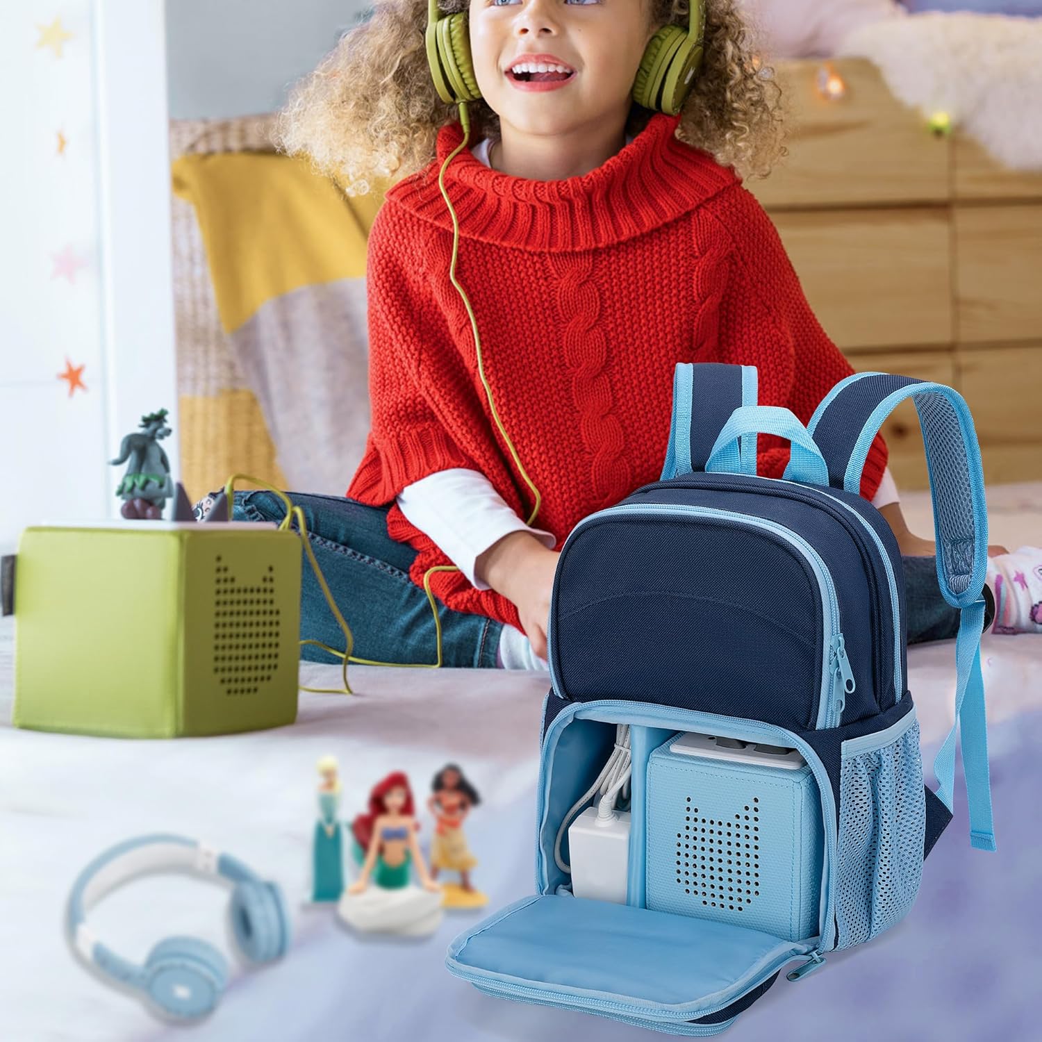 Backpack Compatible with Tonie Box, Carrying Case with Multiple Pockets for Headphones, Charger and Accessories, Storage Bag for Audio Player Starter Set, Navy Blue (Patented Design)