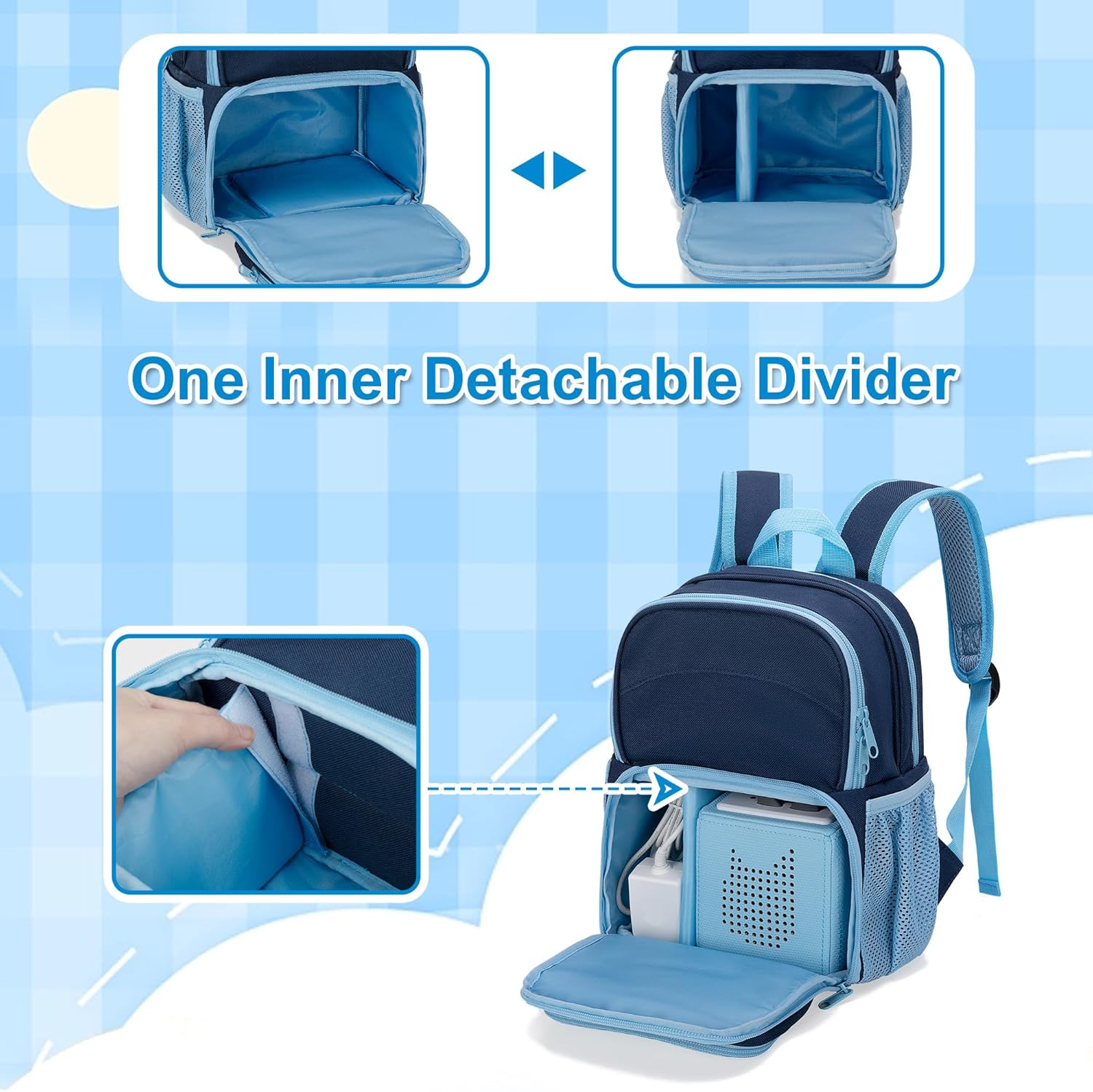 Backpack Compatible with Tonie Box, Carrying Case with Multiple Pockets for Headphones, Charger and Accessories, Storage Bag for Audio Player Starter Set, Navy Blue (Patented Design)