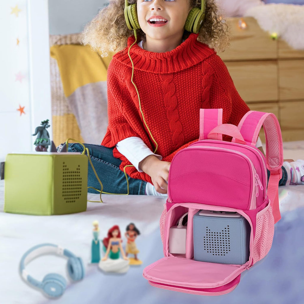 Backpack Compatible with Tonie Box, Carrying Case with Multiple Pockets for Headphones, Charger and Accessories, Storage Bag for Audio Player Starter Set, Rose Red (Patented Design)