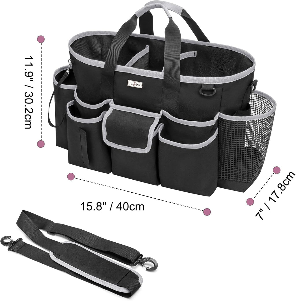Cleaning Caddy Bag with Handle and Shoulder Strap, Cleaning Supplies Organizer for Cleaning Work with 3 Compartments and Multifunctional Pockets, Black with Gray Edge