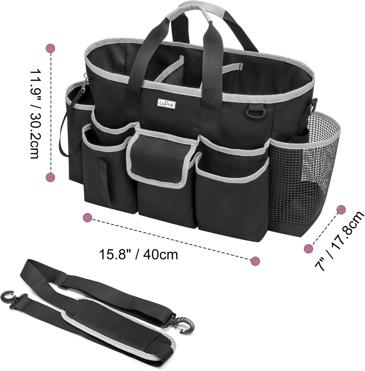 Cleaning Caddy Bag with Handle and Shoulder Strap, Cleaning Supplies Organizer for Cleaning Work with 3 Compartments and Multifunctional Pockets, Black with Gray Edge