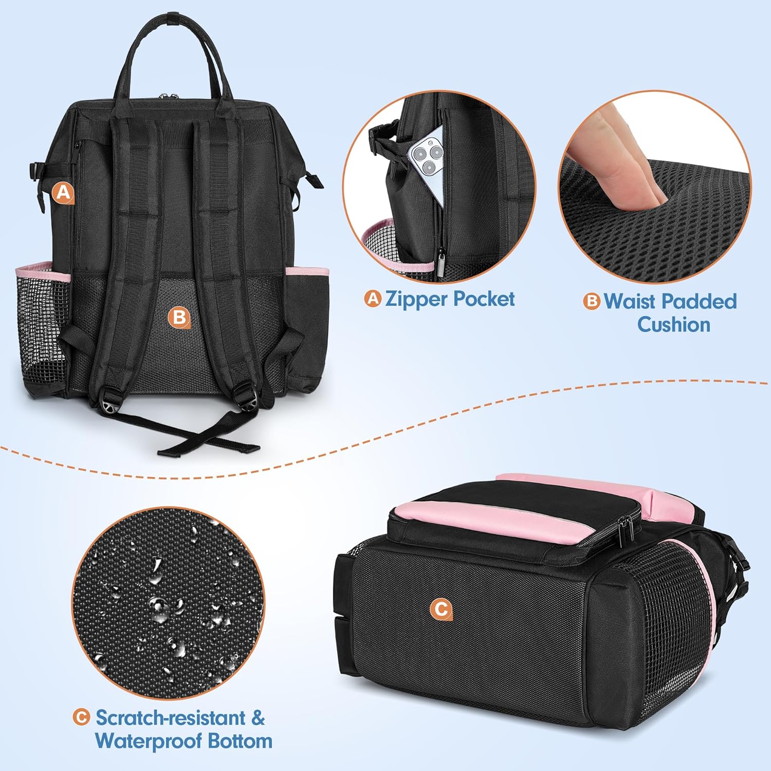 Heavy Duty Cleaning Supplies Bag with Steel Frame Top, Large Cleaning Caddy with Adjustable Shoulder Straps and Multiple Pockets for Housekeeping Work, Pink, Bag Only, Patent Designed