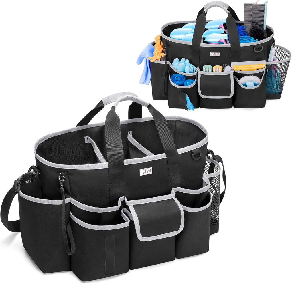 Cleaning Caddy Bag with Handle and Shoulder Strap, Cleaning Supplies Organizer for Cleaning Work with 3 Compartments and Multifunctional Pockets, Black with Gray Edge