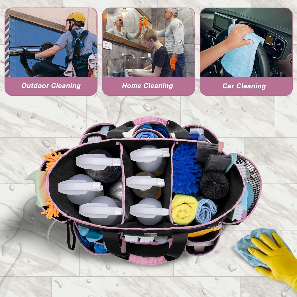 Cleaning Caddy Bag with Handle and Shoulder Strap, Cleaning Supplies Organizer for Cleaning Work with 3 Compartments and Multifunctional Pockets, Black with Pink Edge
