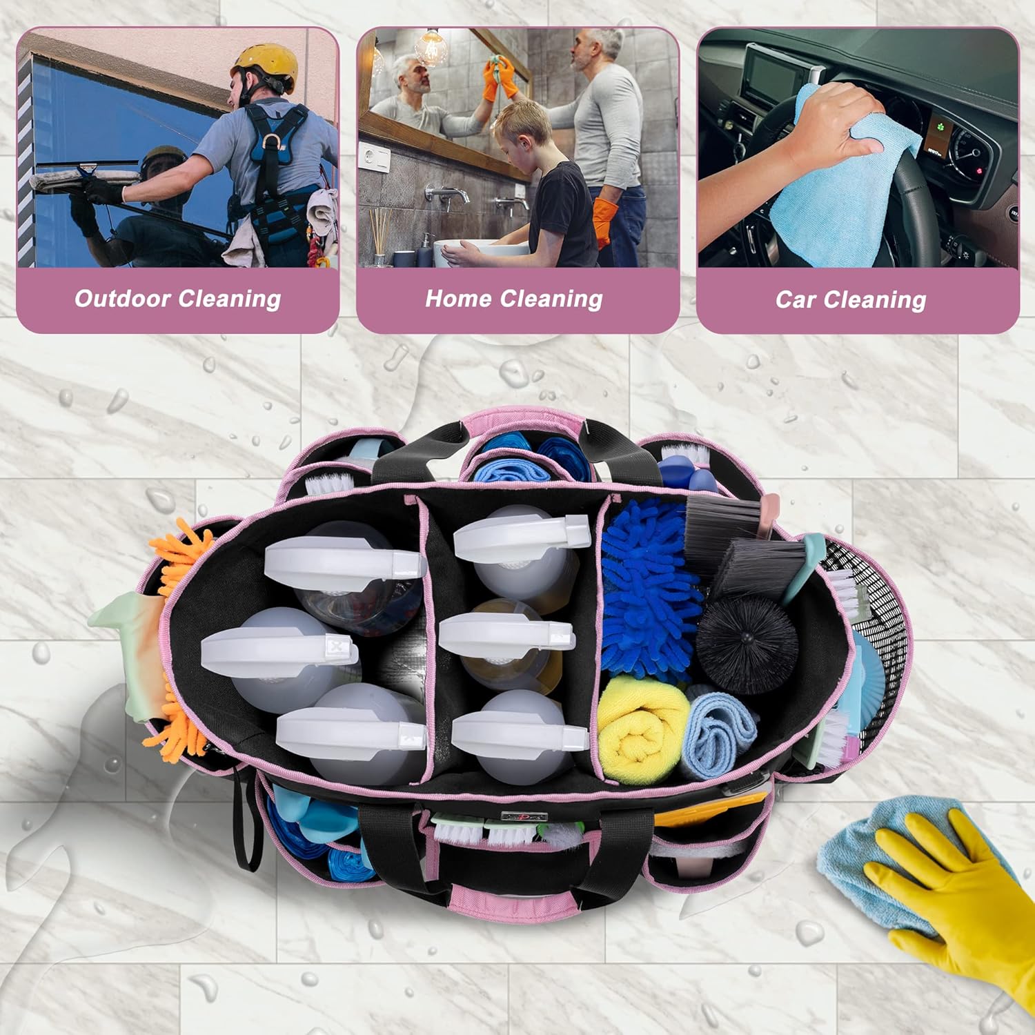 Cleaning Caddy Bag with Handle and Shoulder Strap, Cleaning Supplies Organizer for Cleaning Work with 3 Compartments and Multifunctional Pockets, Black with Pink Edge