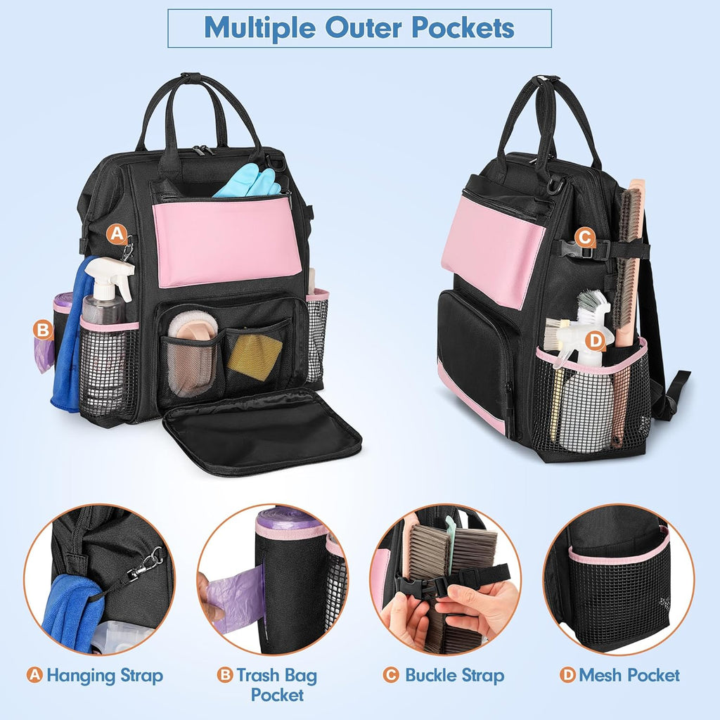 Heavy Duty Cleaning Supplies Bag with Steel Frame Top, Large Cleaning Caddy with Adjustable Shoulder Straps and Multiple Pockets for Housekeeping Work, Pink, Bag Only, Patent Designed