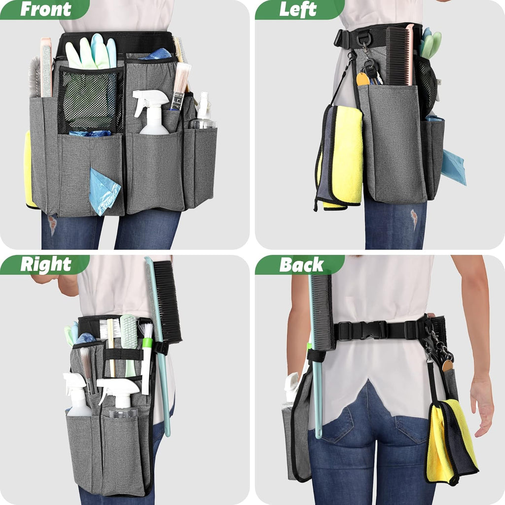 Cleaning Apron for Housekeeping with 9 Pockets, Cleaning Bag with Adjustable Waist Belt, Professional Cleaning Supplies Apron for Work, Gray