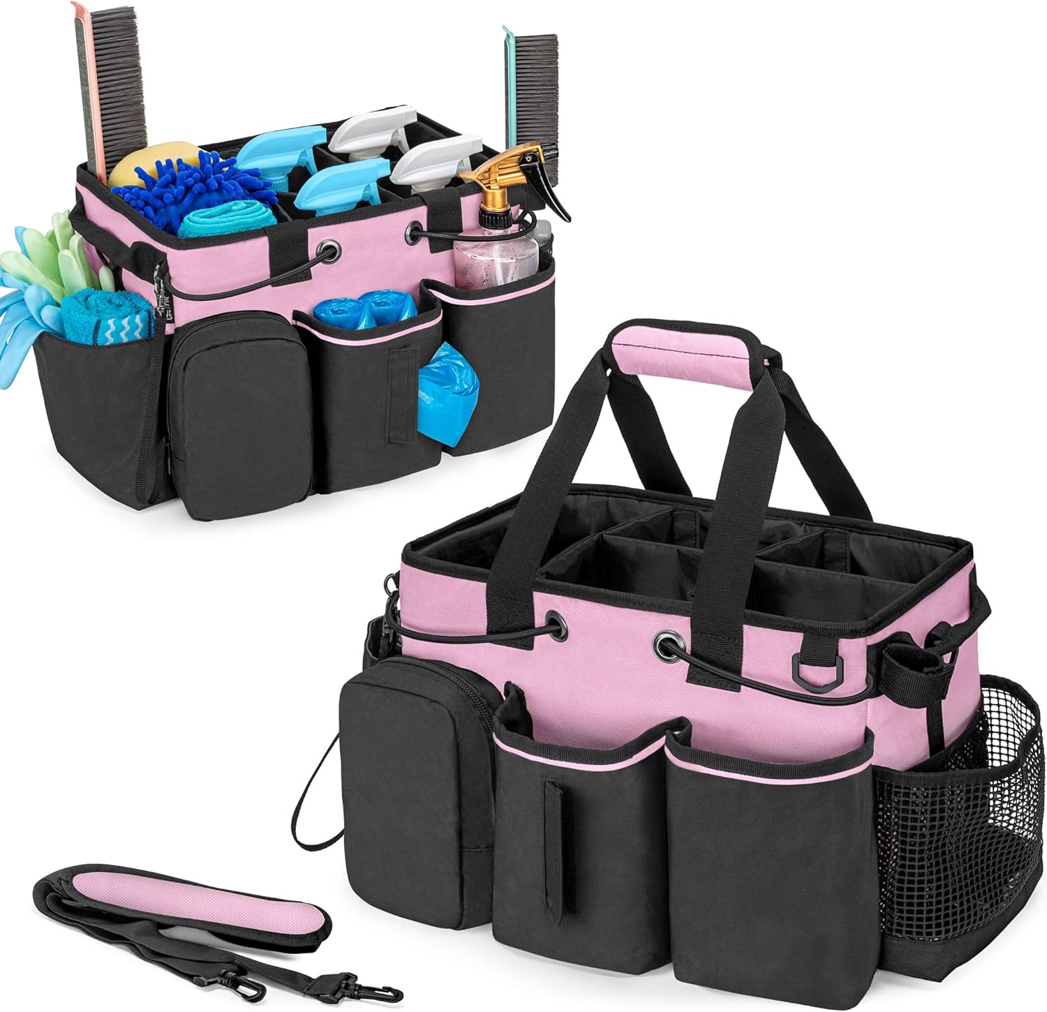 Large Professional Cleaning Caddy with Detachable Divider, Supply Organizer with Handle and Shoulder Strap, Cleaning Bags for Housekeepers &amp; Cleaners, Pink