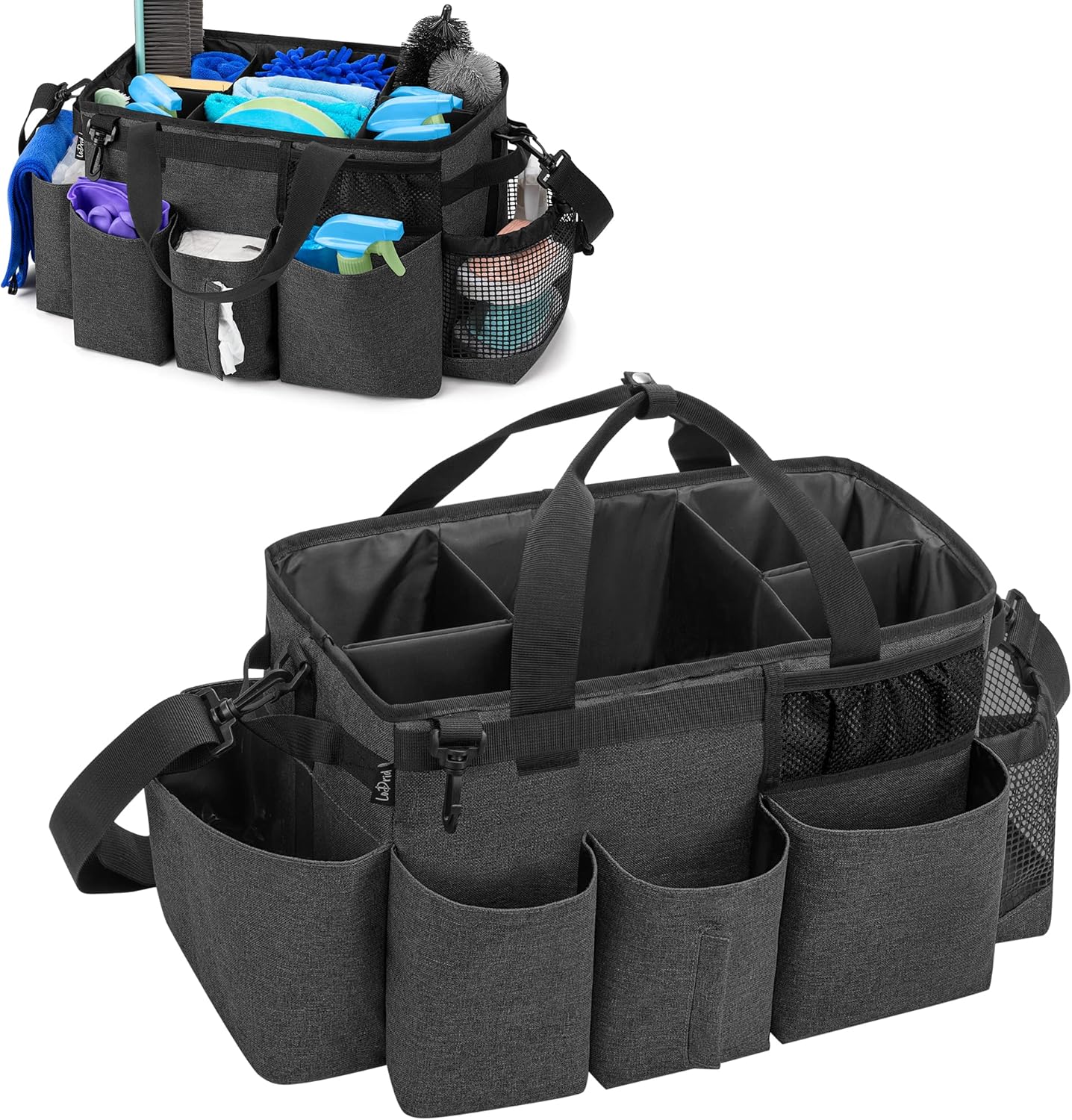 Wearable Cleaning Caddy Bag with 4 Foldable Dividers, Cleaning Supply Organizer with Shoulder Strap and Side Handles for Cleaners &amp; Housekeepers, Black