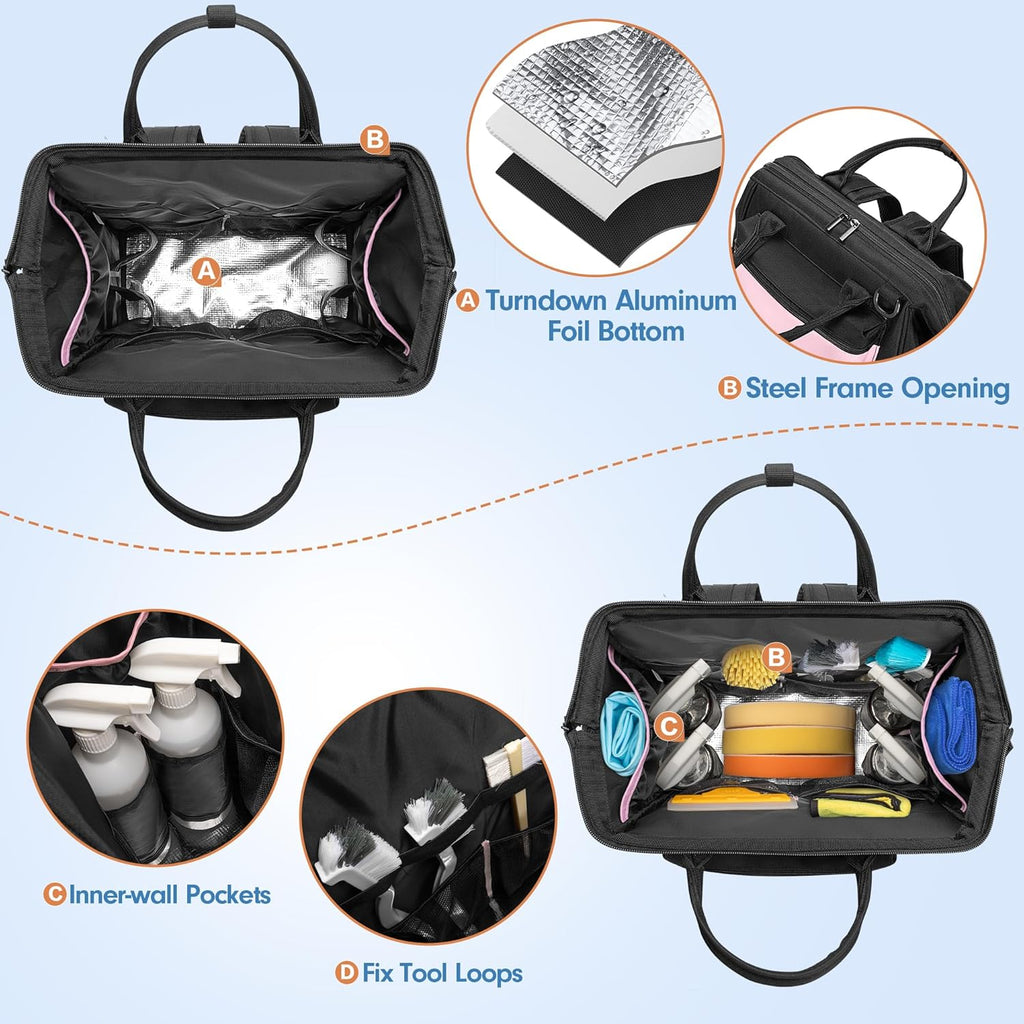 Heavy Duty Cleaning Supplies Bag with Steel Frame Top, Large Cleaning Caddy with Adjustable Shoulder Straps and Multiple Pockets for Housekeeping Work, Pink, Bag Only, Patent Designed