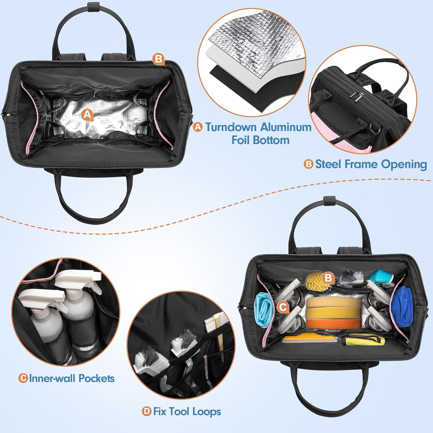 Heavy Duty Cleaning Supplies Bag with Steel Frame Top, Large Cleaning Caddy with Adjustable Shoulder Straps and Multiple Pockets for Housekeeping Work, Pink, Bag Only, Patent Designed