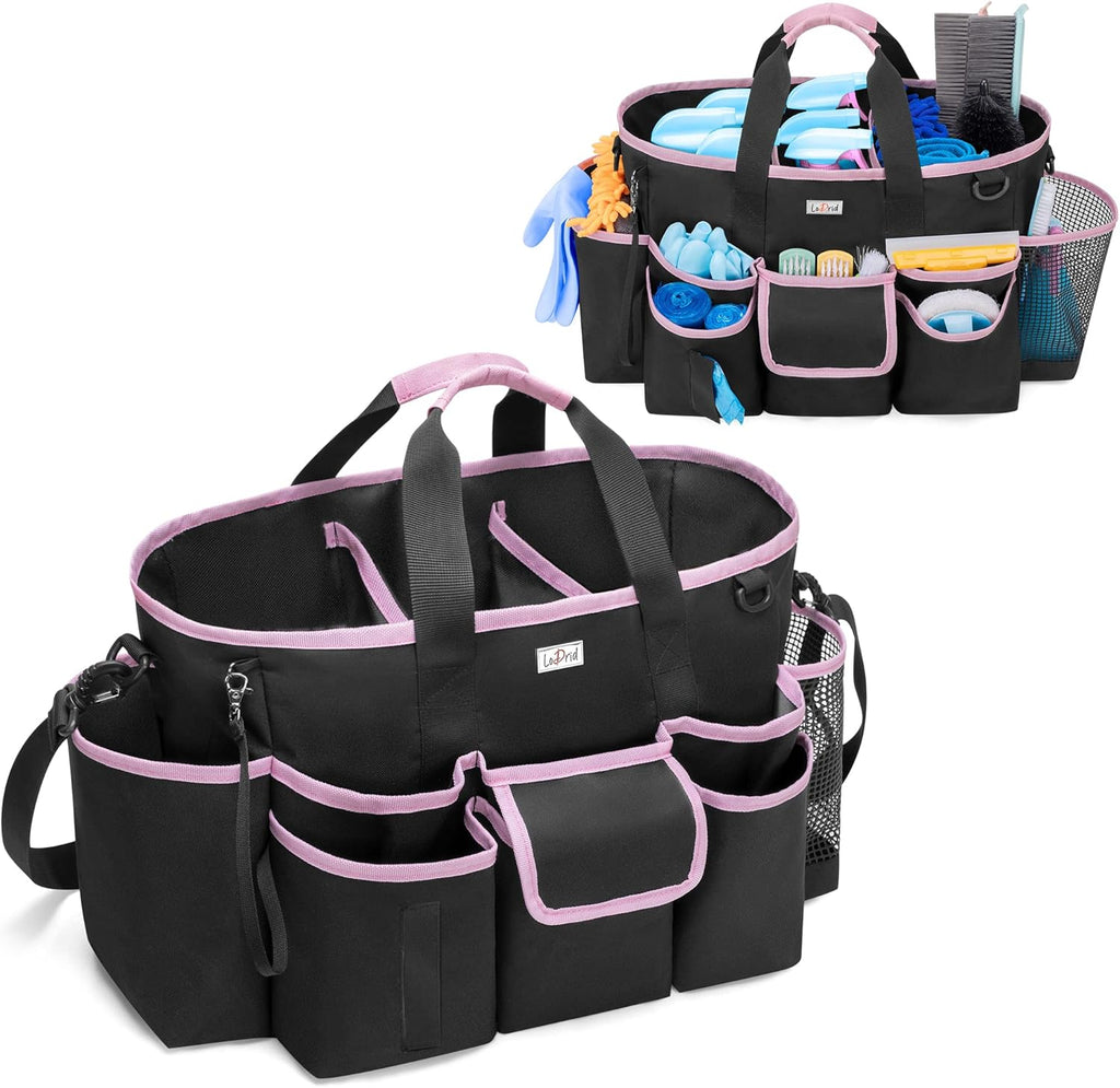 Cleaning Caddy Bag with Handle and Shoulder Strap, Cleaning Supplies Organizer for Cleaning Work with 3 Compartments and Multifunctional Pockets, Black with Pink Edge