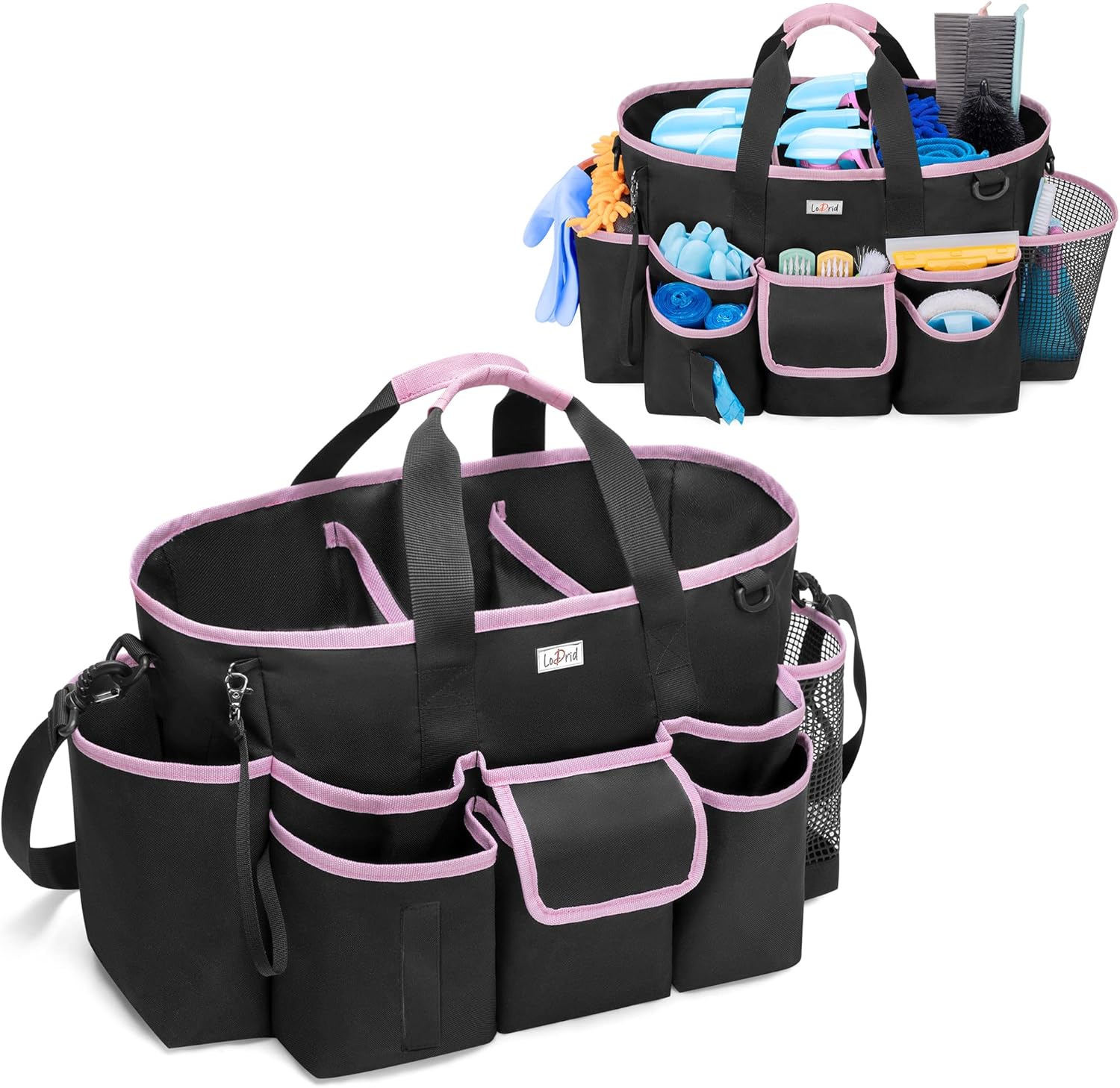 Cleaning Caddy Bag with Handle and Shoulder Strap, Cleaning Supplies Organizer for Cleaning Work with 3 Compartments and Multifunctional Pockets, Black with Pink Edge