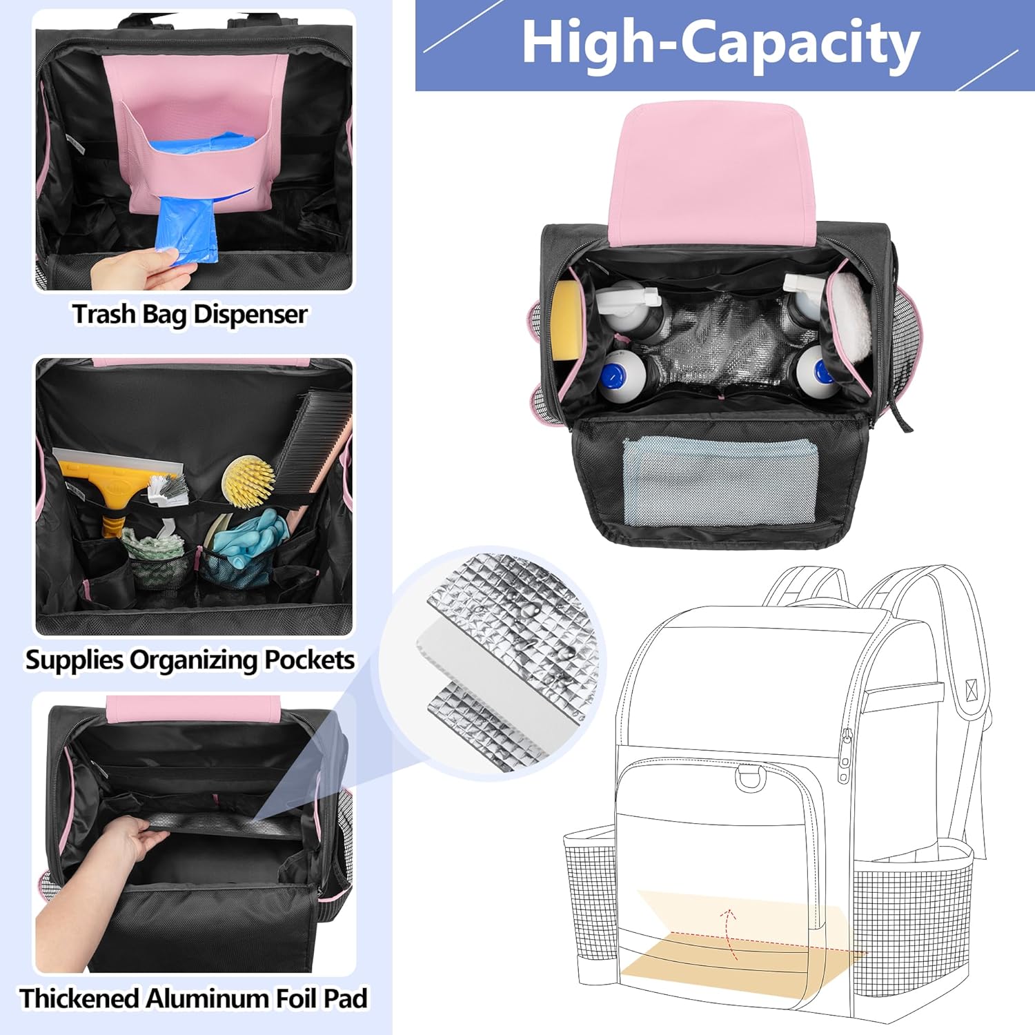 Cleaning Bag with Thickened Adjustable Shoulder Straps, Large Cleaning Caddy Organizer with Multiple Pockets for Cleaning and Housework, Pink (Patent Designed)