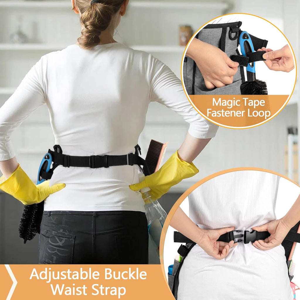 Professional Cleaning Apron with 9 Pockets and Adjustable Waist Belt, Cleaning Caddy Aprons for Cleaning Work of House Hotel, Gray