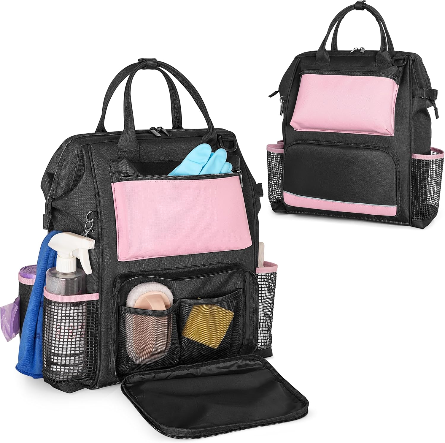 Heavy Duty Cleaning Supplies Bag with Steel Frame Top, Large Cleaning Caddy with Adjustable Shoulder Straps and Multiple Pockets for Housekeeping Work, Pink, Bag Only, Patent Designed