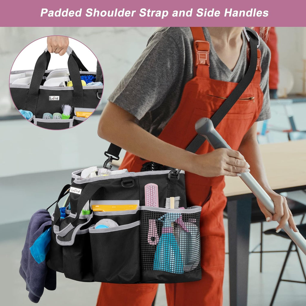 Cleaning Caddy Bag with Handle and Shoulder Strap, Cleaning Supplies Organizer for Cleaning Work with 3 Compartments and Multifunctional Pockets, Black with Gray Edge