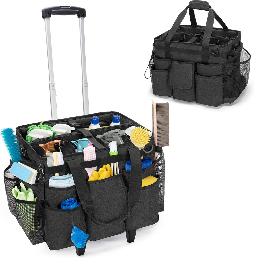 Rolling Cleaning Bag with Detachable Trolley, Portable Cleaning Cart on Wheels for Supplies, Professional Caddy with Shoulder Strap for Housekeepers, Black (Patent Design)