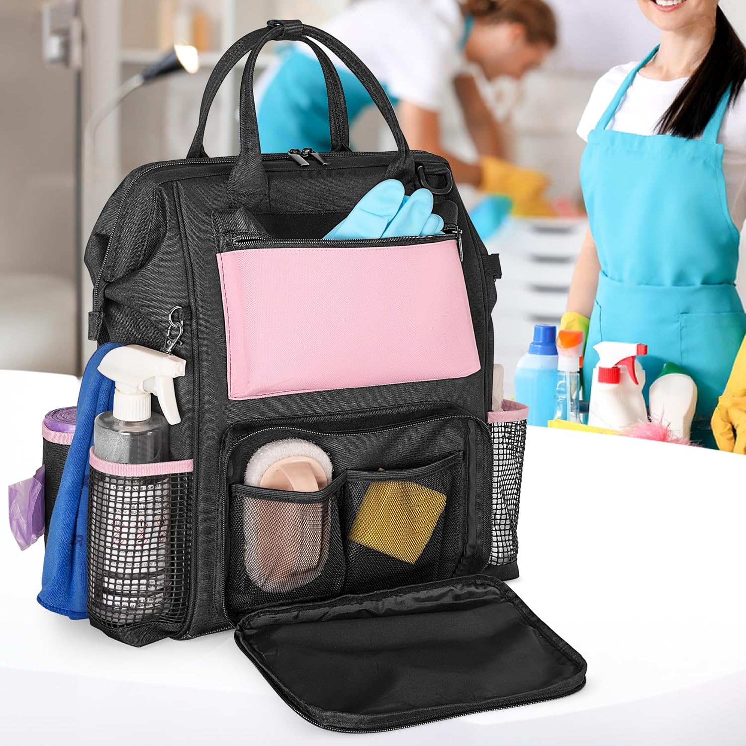 Heavy Duty Cleaning Supplies Bag with Steel Frame Top, Large Cleaning Caddy with Adjustable Shoulder Straps and Multiple Pockets for Housekeeping Work, Pink, Bag Only, Patent Designed