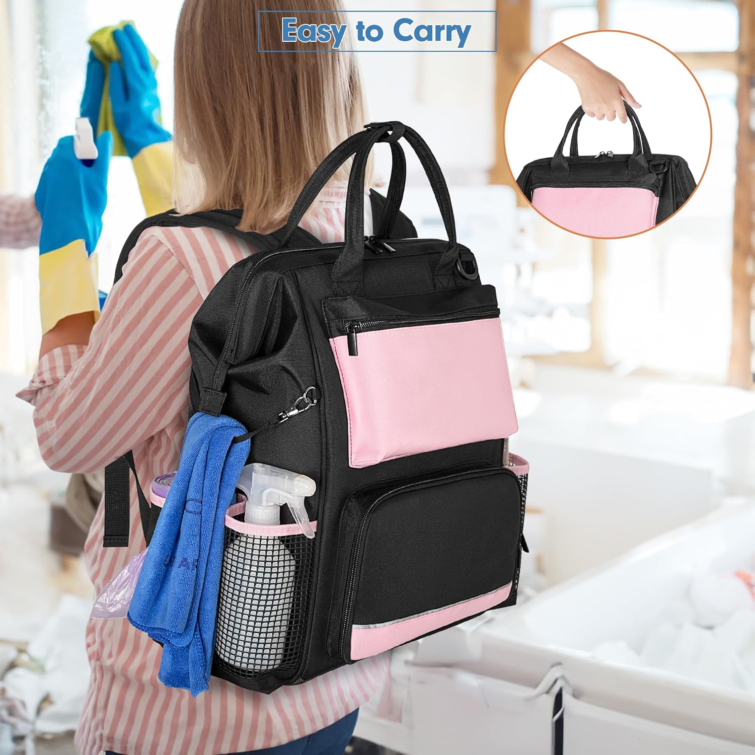 Heavy Duty Cleaning Supplies Bag with Steel Frame Top, Large Cleaning Caddy with Adjustable Shoulder Straps and Multiple Pockets for Housekeeping Work, Pink, Bag Only, Patent Designed