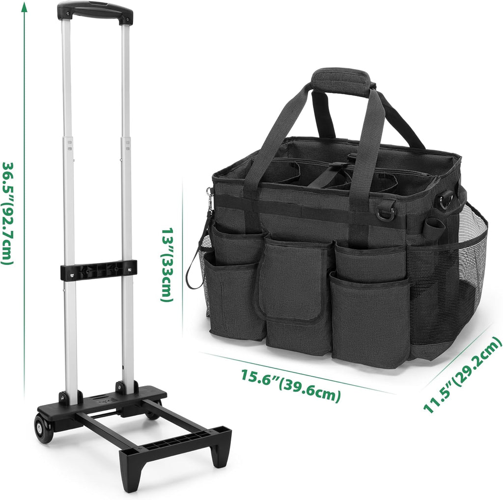 Rolling Cleaning Bag with Detachable Trolley, Portable Cleaning Cart on Wheels for Supplies, Professional Caddy with Shoulder Strap for Housekeepers, Black (Patent Design)