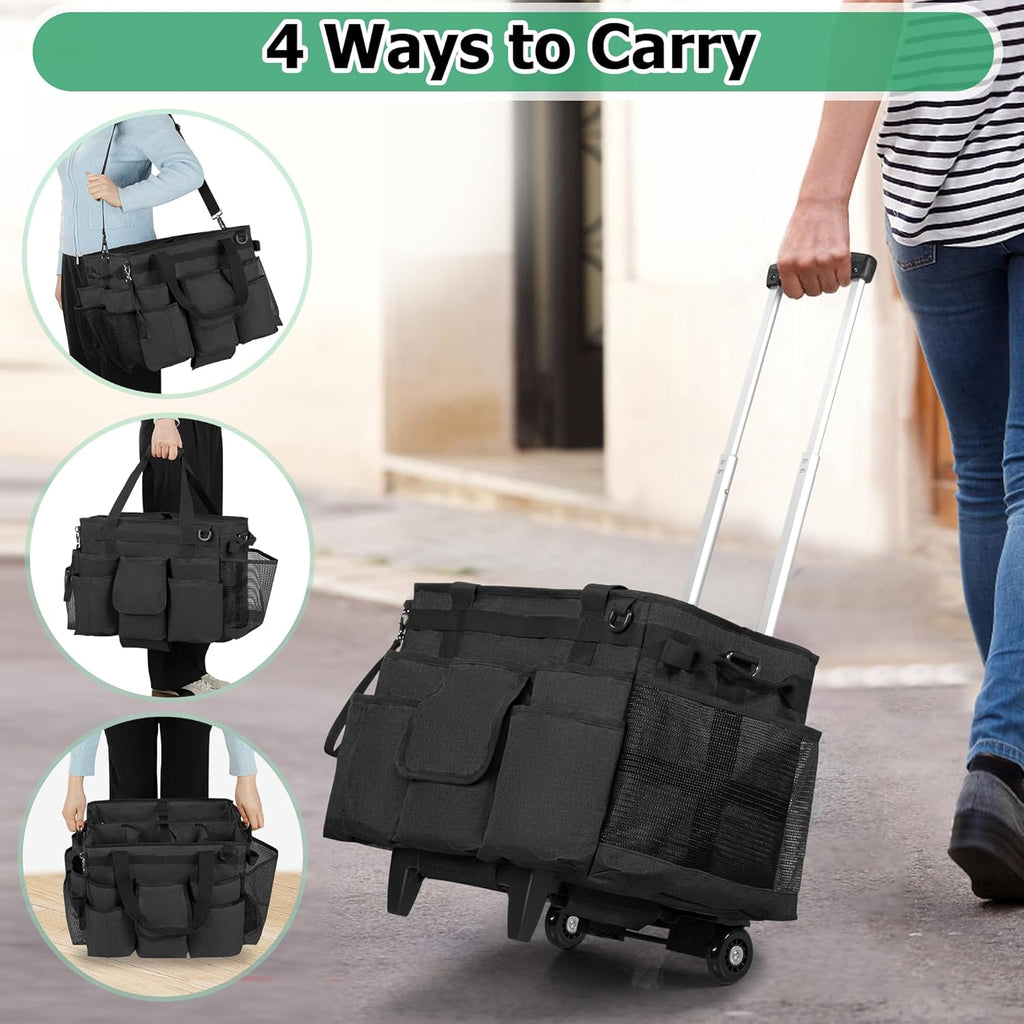 Rolling Cleaning Bag with Detachable Trolley, Portable Cleaning Cart on Wheels for Supplies, Professional Caddy with Shoulder Strap for Housekeepers, Black (Patent Design)