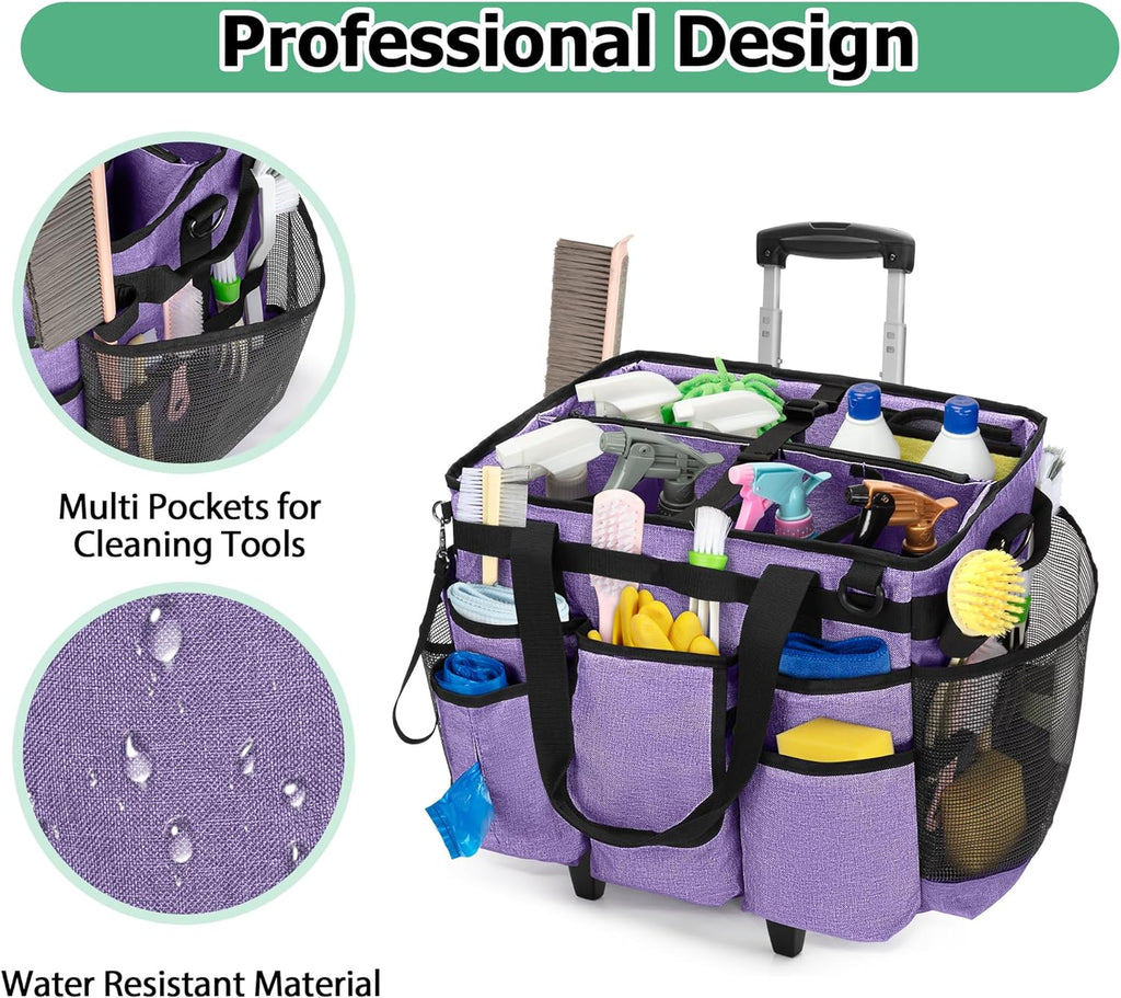 Rolling Cleaning Bag with Detachable Trolley, Professional Cleaning Caddy with Shoulder Strap for Housekeepers, Portable Cart on Wheels for Supplies, Purple (Patent Design)