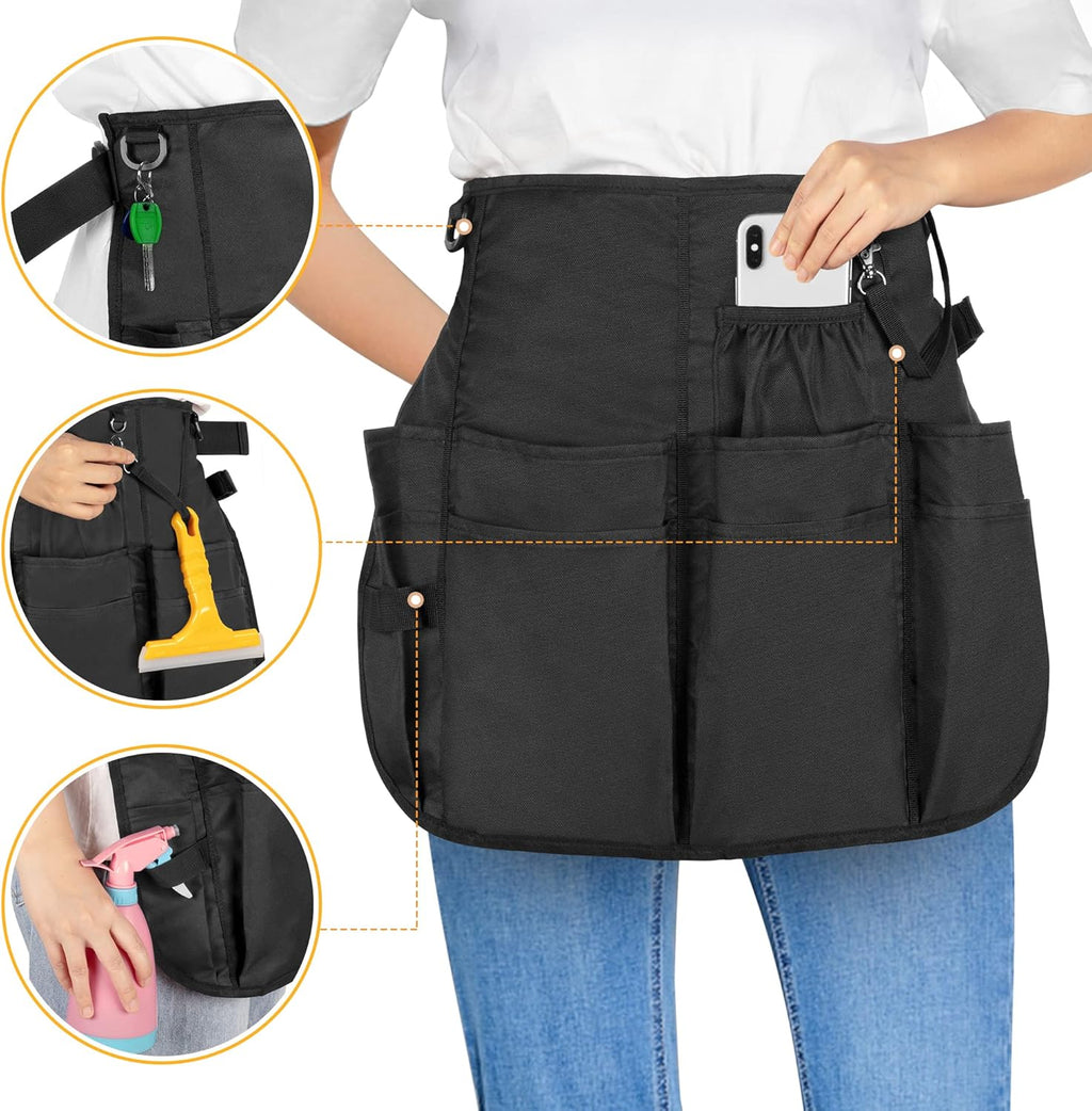 Professional Cleaning Apron with 9 Pockets and Adjustable Waist Belt, Cleaning Caddy Aprons for Cleaning Work of House Hotel, Black