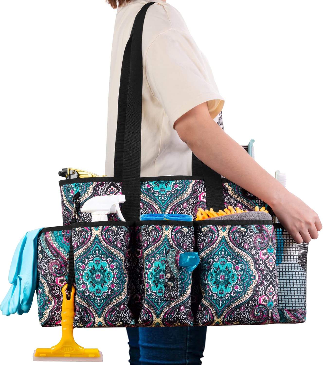 Professional Cleaning Tote Caddy for Cleaning Supplies, Cleaning Bag Organizer with Dividers and Handle Strap for Housekeepers Work, Totem, (Bag Only)