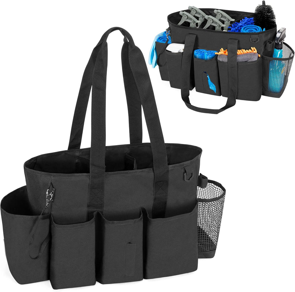 Professional Cleaning Tote Caddy for Cleaning Supplies, Cleaning Bag Organizer with Dividers and Handle Strap for Housekeepers Work, Black, (Bag Only)