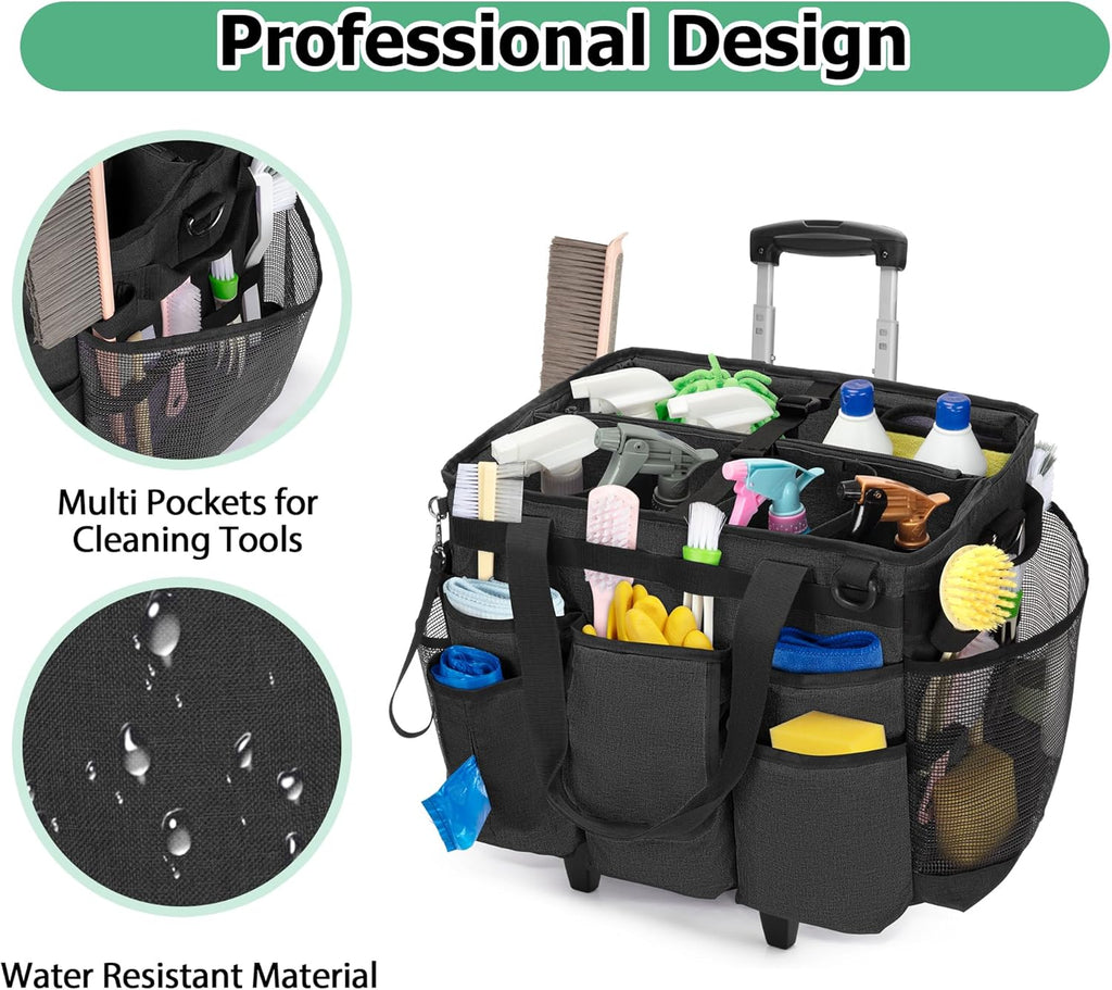 Rolling Cleaning Bag with Detachable Trolley, Portable Cleaning Cart on Wheels for Supplies, Professional Caddy with Shoulder Strap for Housekeepers, Black (Patent Design)
