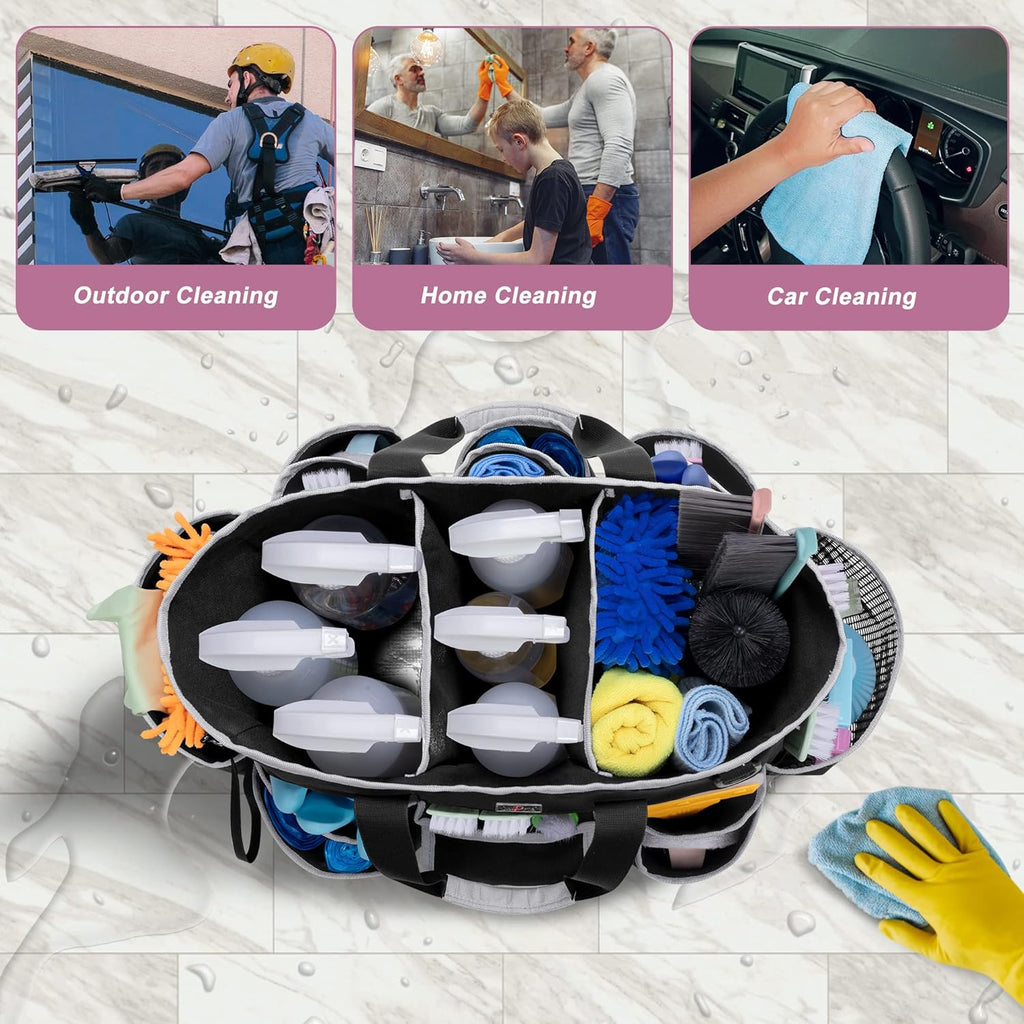 Cleaning Caddy Bag with Handle and Shoulder Strap, Cleaning Supplies Organizer for Cleaning Work with 3 Compartments and Multifunctional Pockets, Black with Gray Edge
