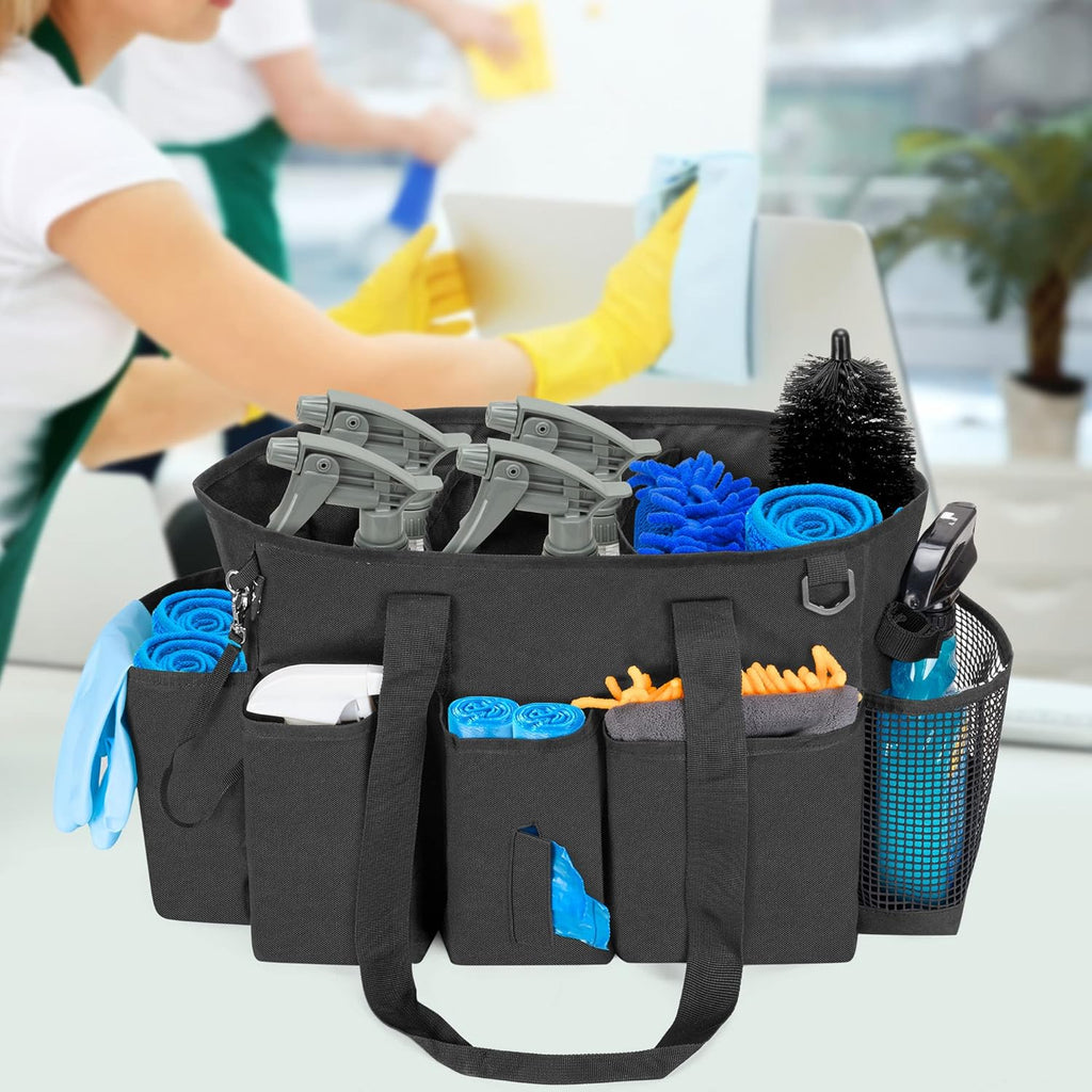 Professional Cleaning Tote Caddy for Cleaning Supplies, Cleaning Bag Organizer with Dividers and Handle Strap for Housekeepers Work, Black, (Bag Only)