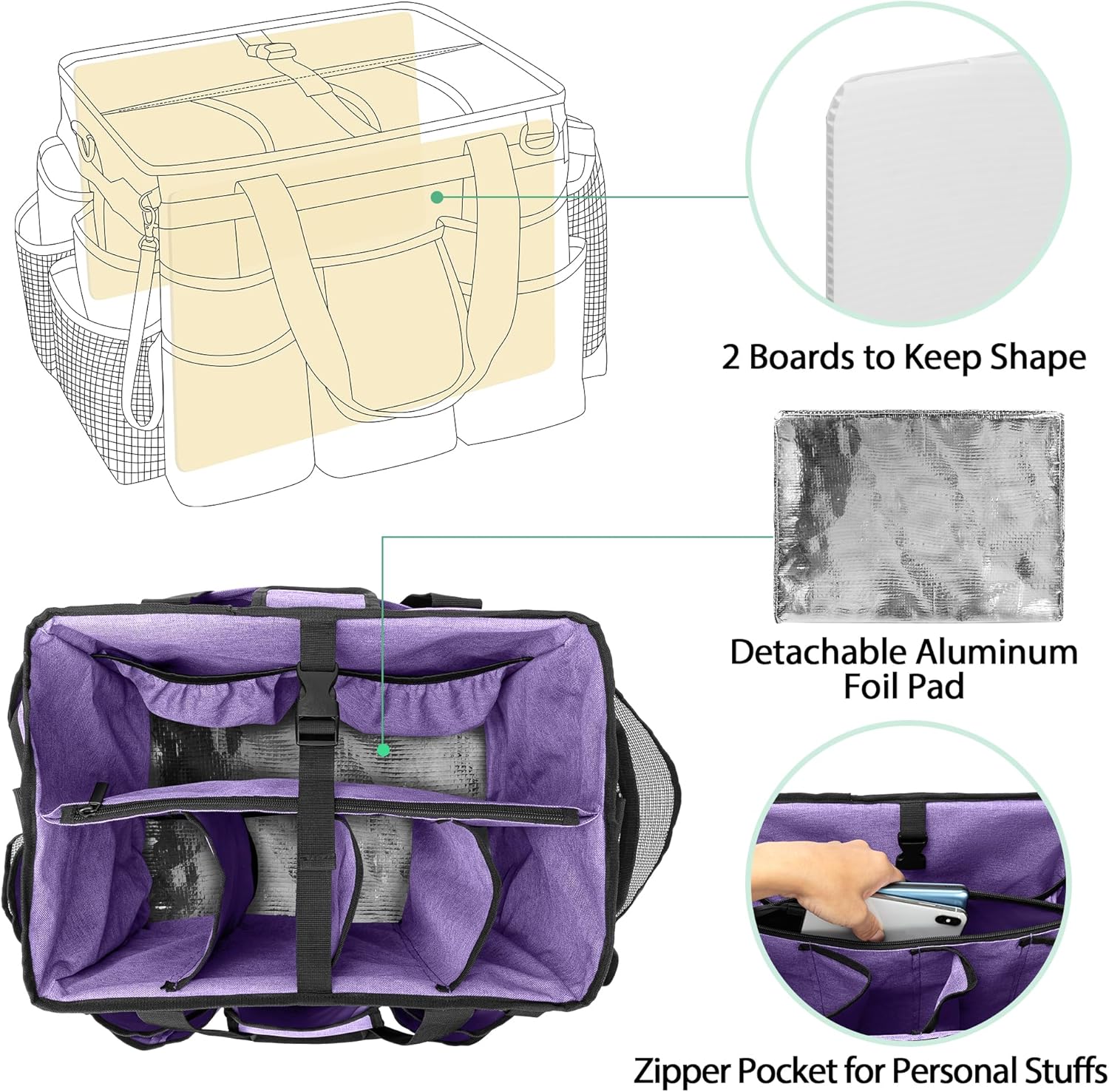 Rolling Cleaning Bag with Detachable Trolley, Professional Cleaning Caddy with Shoulder Strap for Housekeepers, Portable Cart on Wheels for Supplies, Purple (Patent Design)