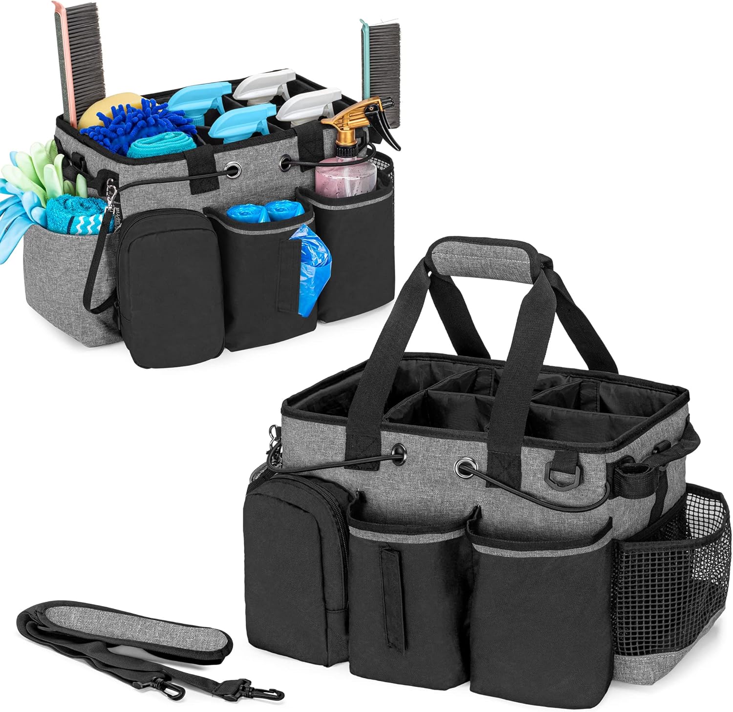 Large Professional Cleaning Caddy with Detachable Divider, Supply Organizer with Handle and Shoulder Strap, Cleaning Bags for Housekeepers &amp; Cleaners, Black