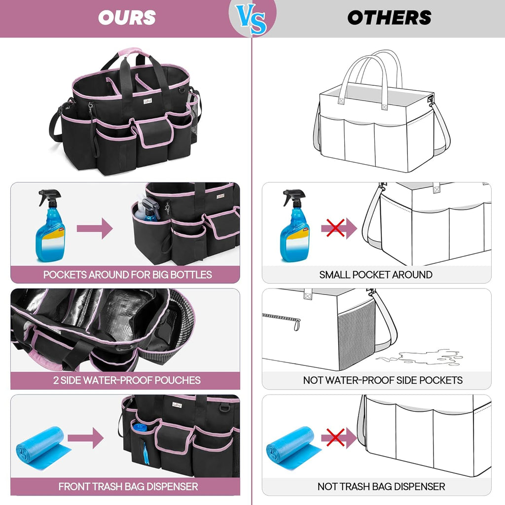 Cleaning Caddy Bag with Handle and Shoulder Strap, Cleaning Supplies Organizer for Cleaning Work with 3 Compartments and Multifunctional Pockets, Black with Pink Edge