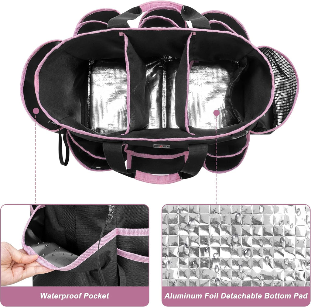 Cleaning Caddy Bag with Handle and Shoulder Strap, Cleaning Supplies Organizer for Cleaning Work with 3 Compartments and Multifunctional Pockets, Black with Pink Edge