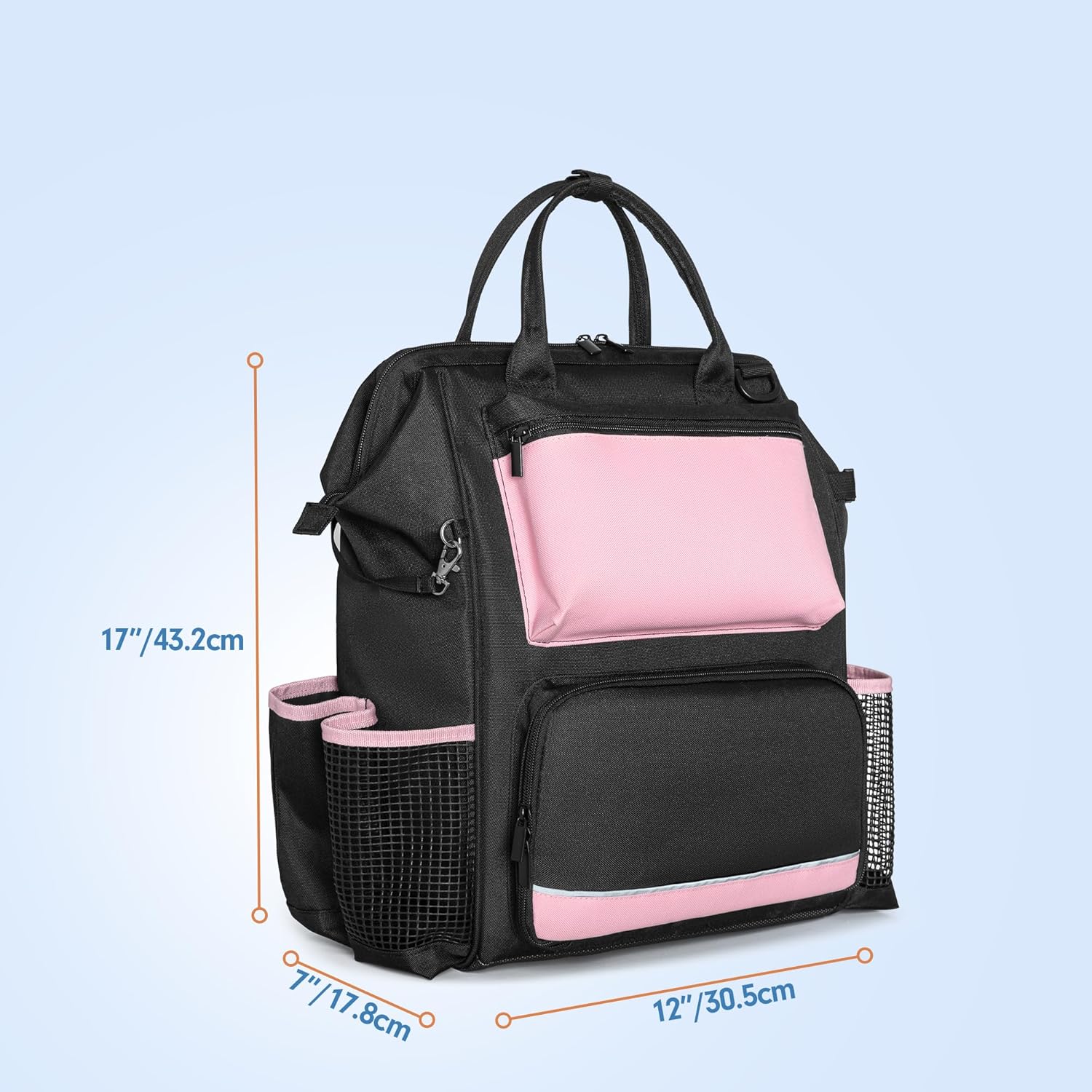 Heavy Duty Cleaning Supplies Bag with Steel Frame Top, Large Cleaning Caddy with Adjustable Shoulder Straps and Multiple Pockets for Housekeeping Work, Pink, Bag Only, Patent Designed