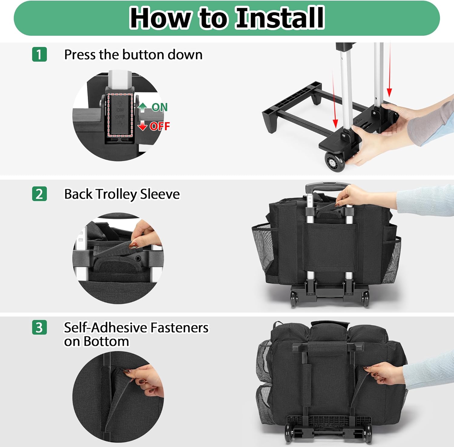 Rolling Cleaning Bag with Detachable Trolley, Portable Cleaning Cart on Wheels for Supplies, Professional Caddy with Shoulder Strap for Housekeepers, Black (Patent Design)