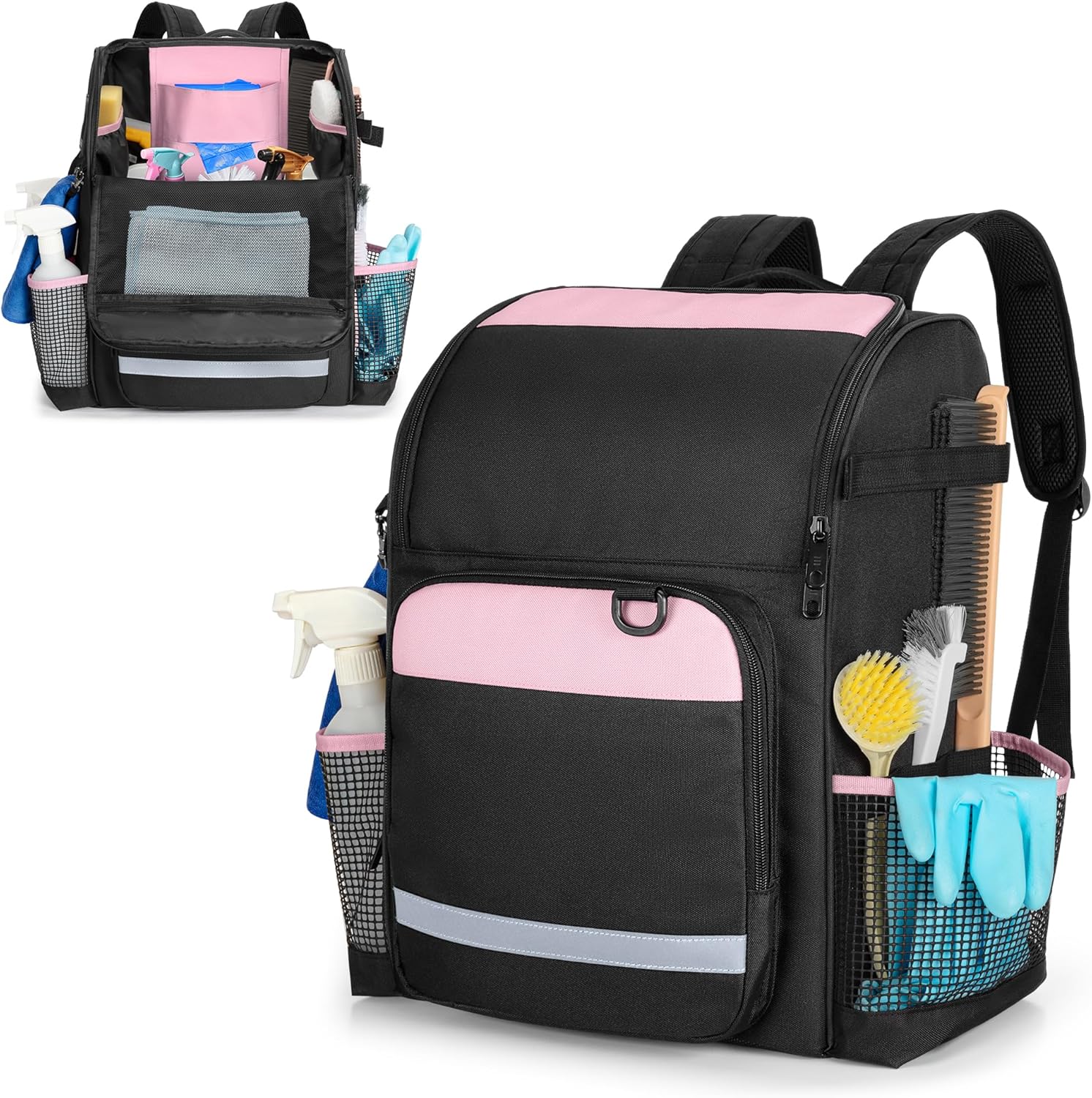 Cleaning Bag with Thickened Adjustable Shoulder Straps, Large Cleaning Caddy Organizer with Multiple Pockets for Cleaning and Housework, Pink (Patent Designed)