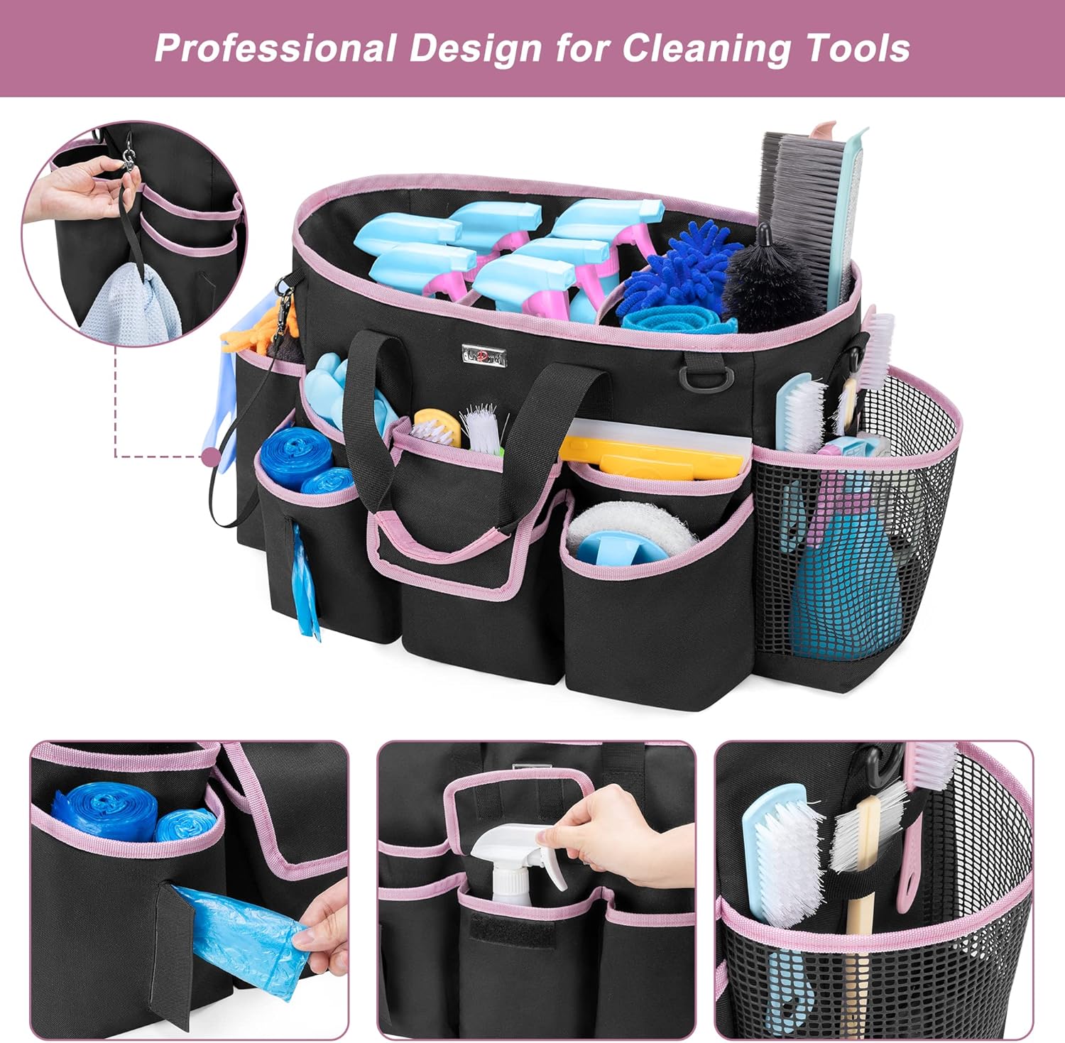 Cleaning Caddy Bag with Handle and Shoulder Strap, Cleaning Supplies Organizer for Cleaning Work with 3 Compartments and Multifunctional Pockets, Black with Pink Edge